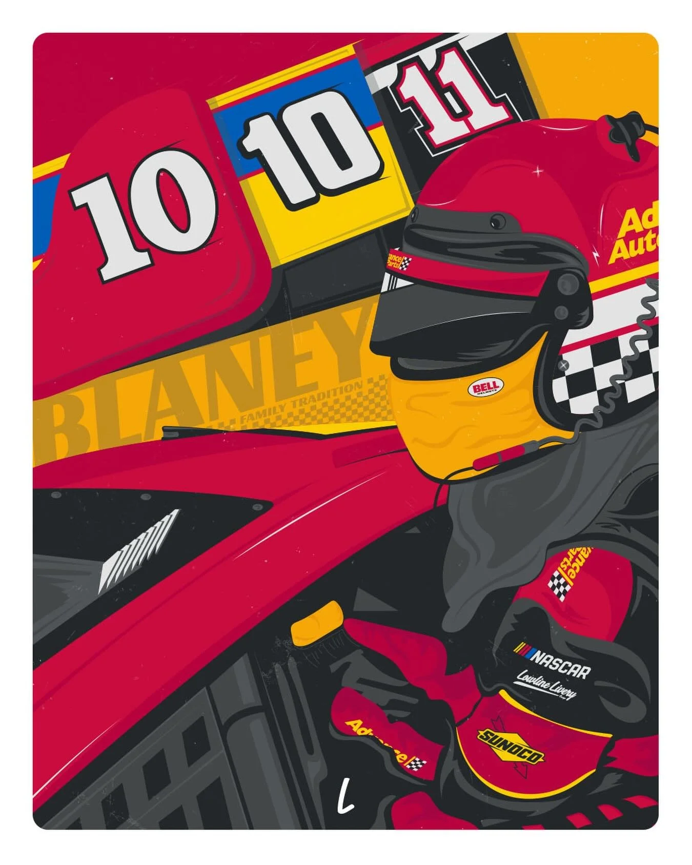 Digging through an old hard drive and came across this @ryanblaney10 piece from 2021. Probably my first crack at NASCAR illustration, justa killin&rsquo; time way back when. 

#ryanblaney #nascar #nascarthrowback #adobe #familytradition