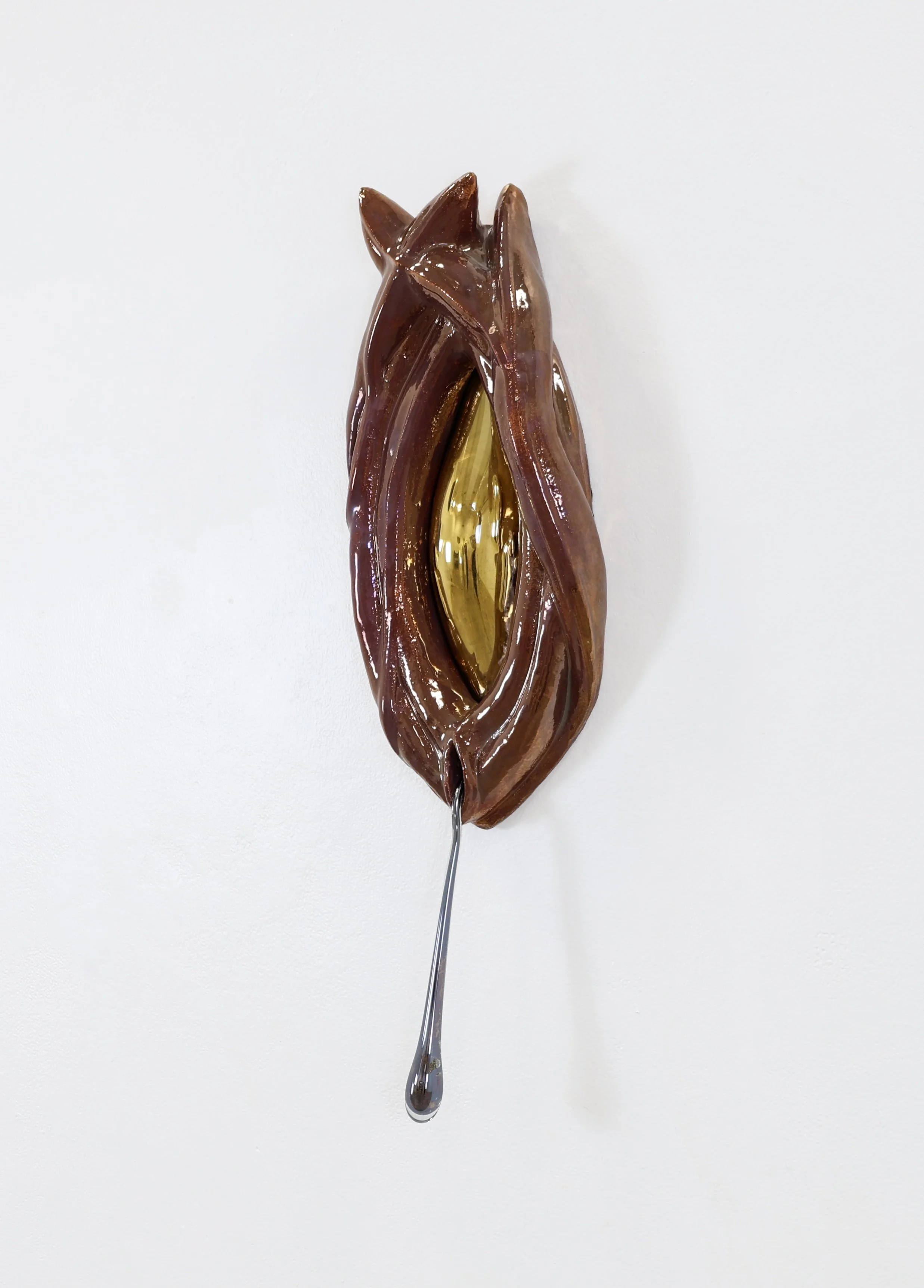 Title: Breach
Media: Stoneware, in glaze lustre, slumped glass,  gilded mirror.
Size: 24” x 18” x 3”
Year: 2026
