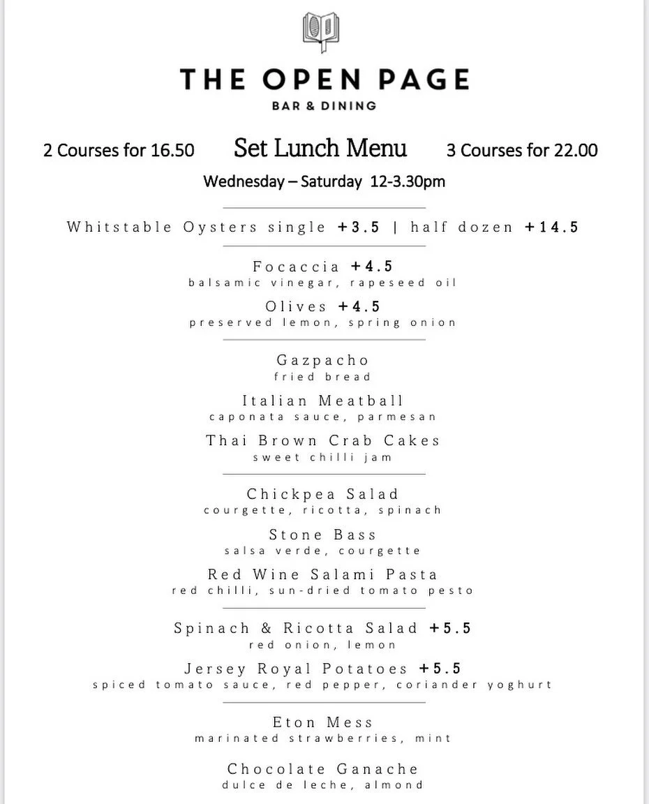 Truly delicious lunch menu this week. Two courses 16.50, plus oysters and home made focaccia every service. Served midday Wednesday to Saturday!