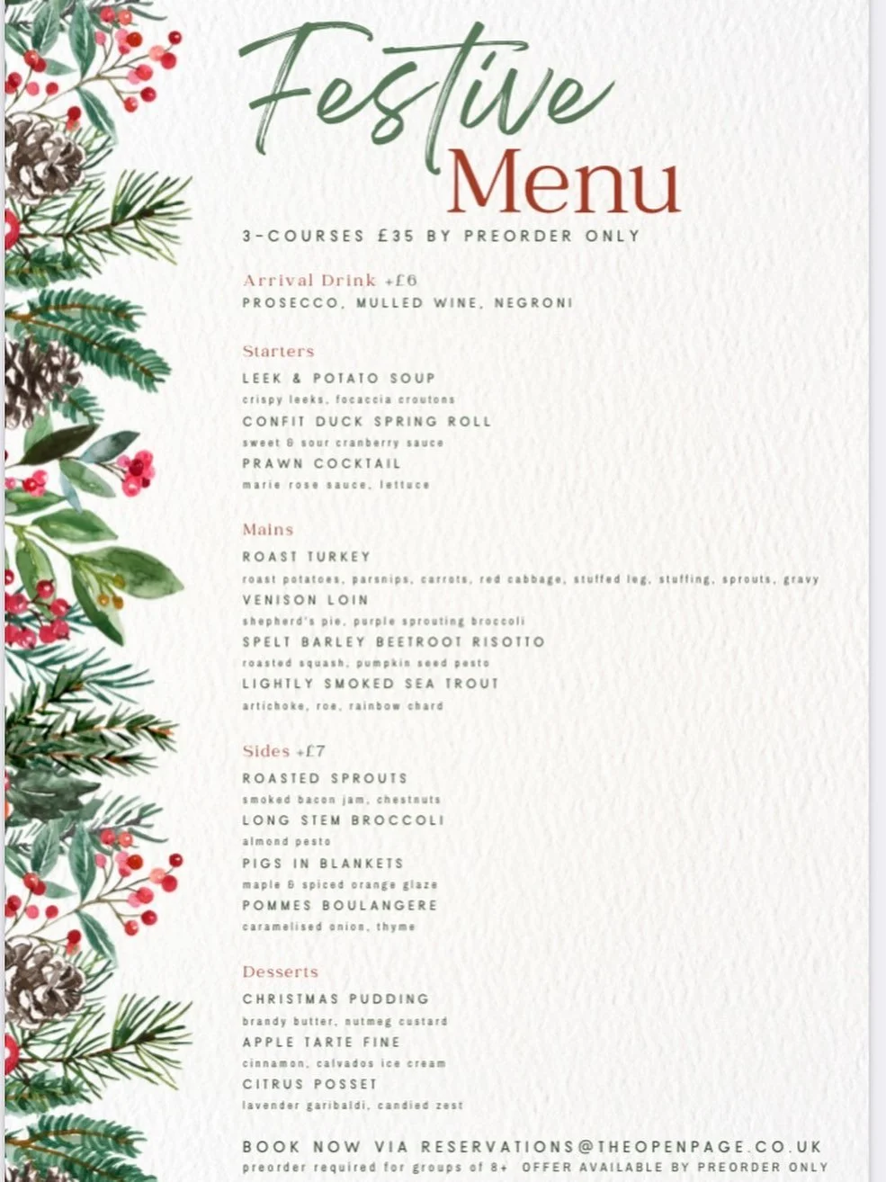We&rsquo;re taking bookings now for our festive menu which is a steal at &pound;35 for three courses- utterly delicious! We&rsquo;d love to host your Christmas gathering so drop us an email to secure your spot!