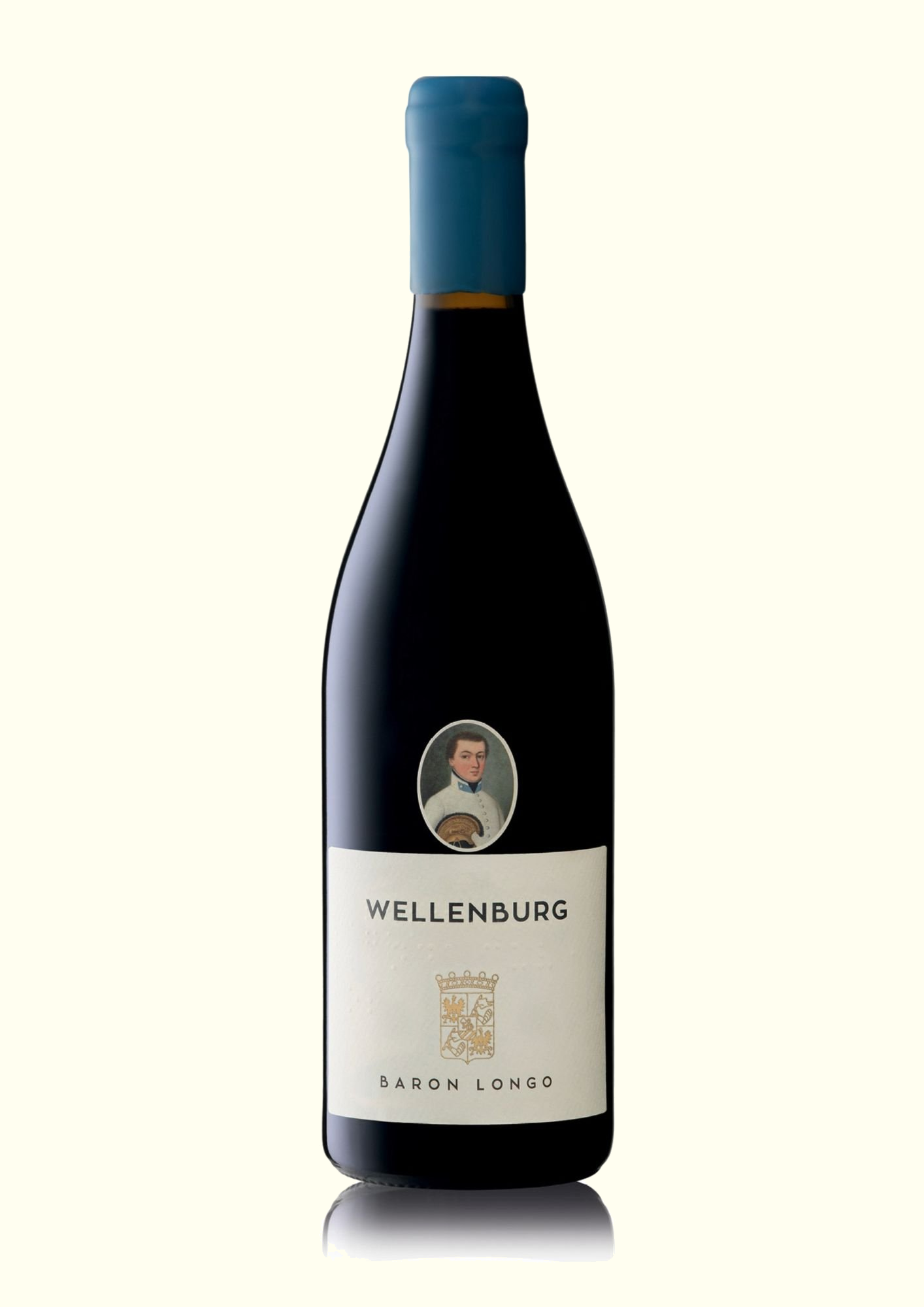 A wine bottle labeled Wellenburg Baron Longo with a portrait of a man in historical attire on the neck of the bottle.