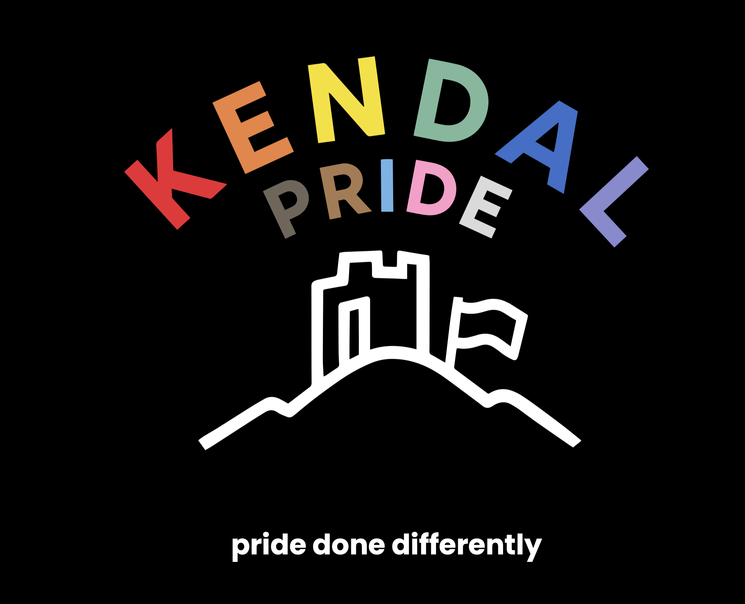 Colorful text spelling "KENDALL PRIDE" arched above a white outline of a castle on a hill with a flag, and the phrase "pride done differently" below.