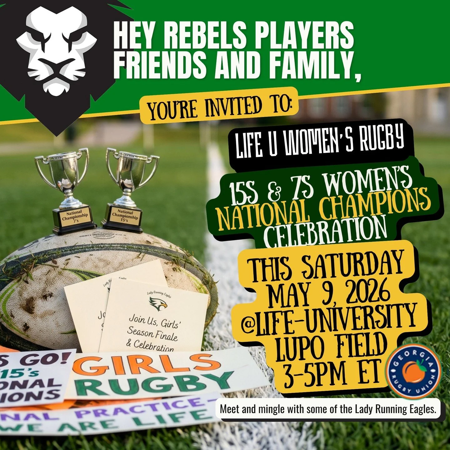 🦅 REBELS X LIFE U: CHAMPIONSHIP CELEBRATION! 🏆🏆
Calling all Rebels players, friends, and family! This Saturday, we&rsquo;re heading to Life University for a very special Georgia SYRO event sponsored by the Georgia Rugby Union.

They are closing ou