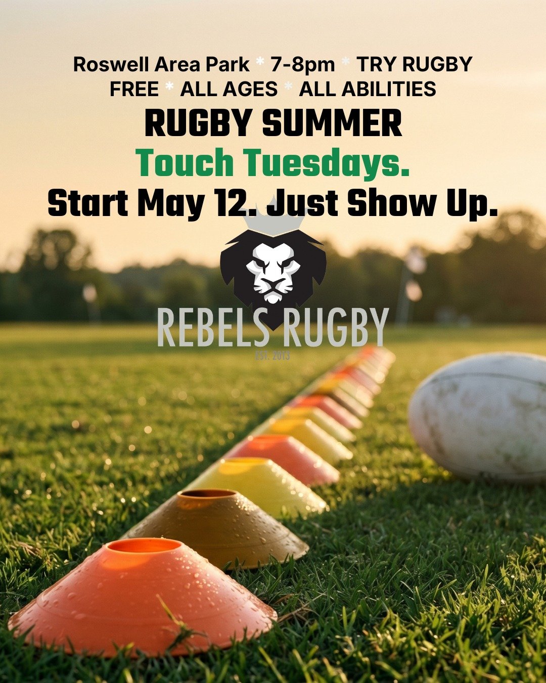 Summer Touch Tuesdays are here and we're keeping it simple: show up, play rugby, go home happy.

📅 Every Tuesday, May 12 through July 4
📍 Roswell Area Park
🕖 7-8pm. 🆓 Free. 
👨&zwj;👩&zwj;👧&zwj;👦 All ages. All abilities. (the whole family can j