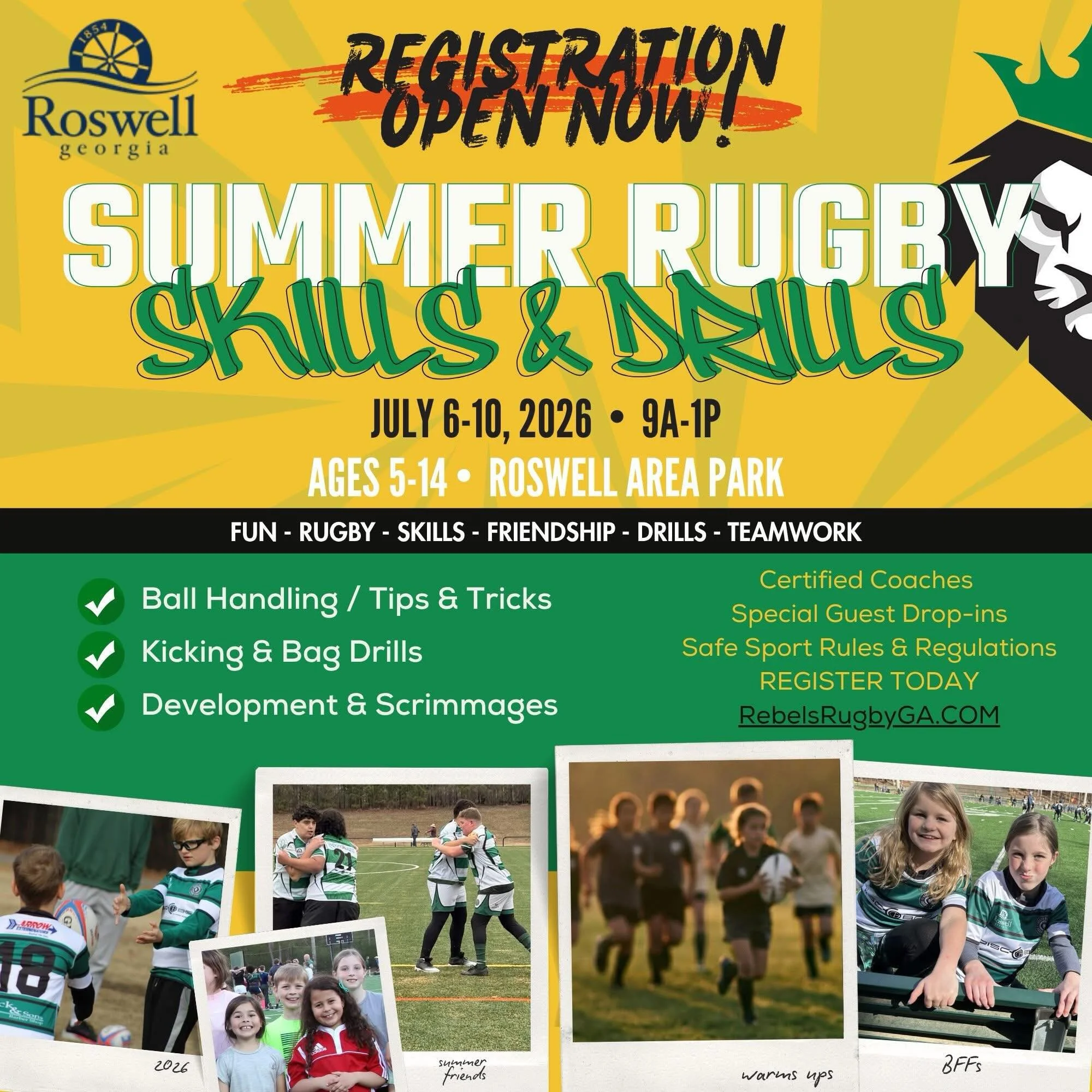 Registration is officially OPEN for Summer Rugby Skills &amp; Drills. 

📅 July 6-10, 2026
⏰ 9am to 1pm
📍 Roswell Area Park
🫱🏼&zwj;🫲🏽 in partnership with the @cityofroswellga

Five mornings of real #rugby for ages 5 to 14. New to the sport or sh