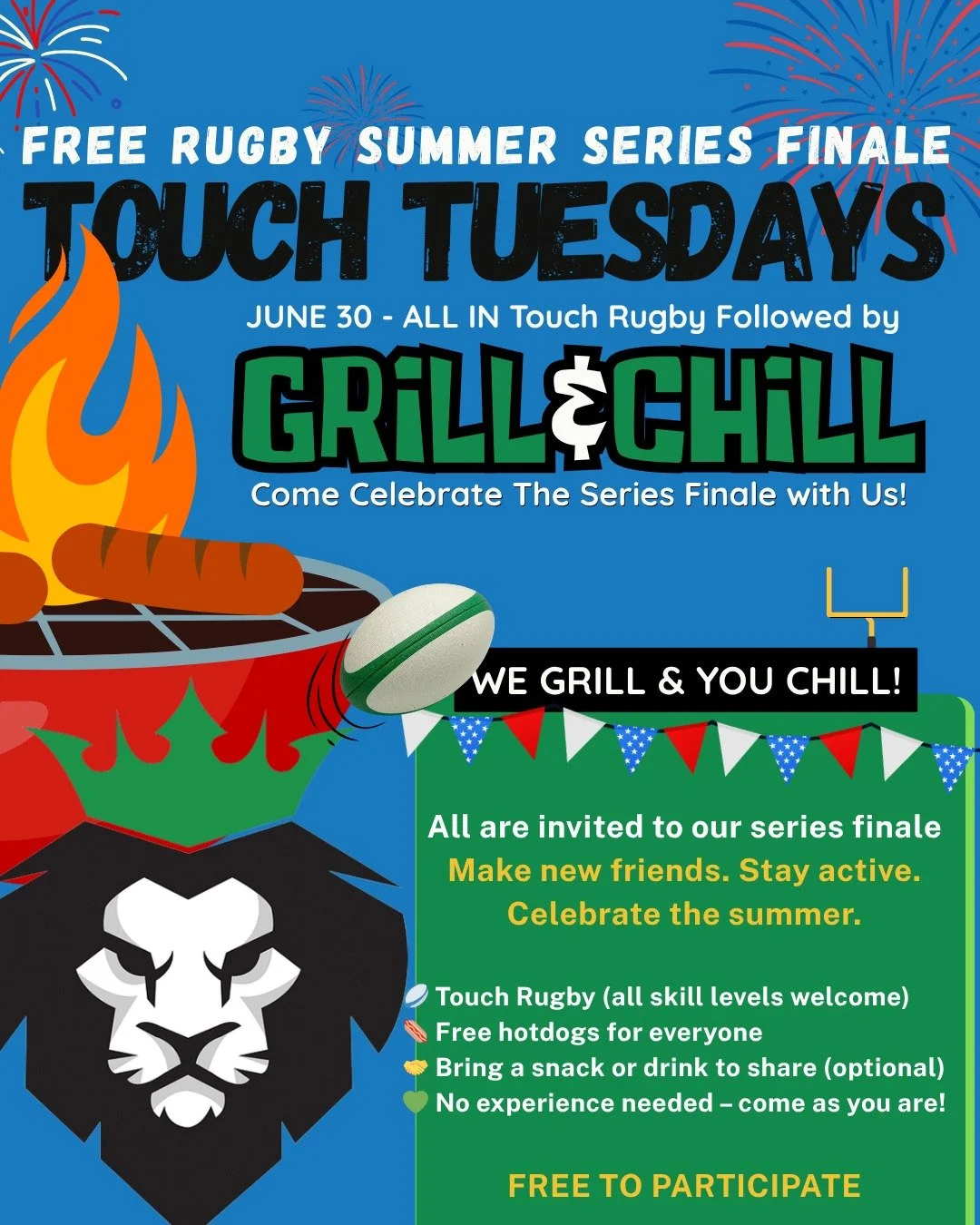 One More Tuesday💚Everyone Plays🤍Family Eats🦁
Caption:
It's the last Touch Tuesday of the summer, and we want EVERYONE on the pitch one more time. 🏉
Alumni, girls, current players, coaches, parents, and friends from other clubs, this one's for all