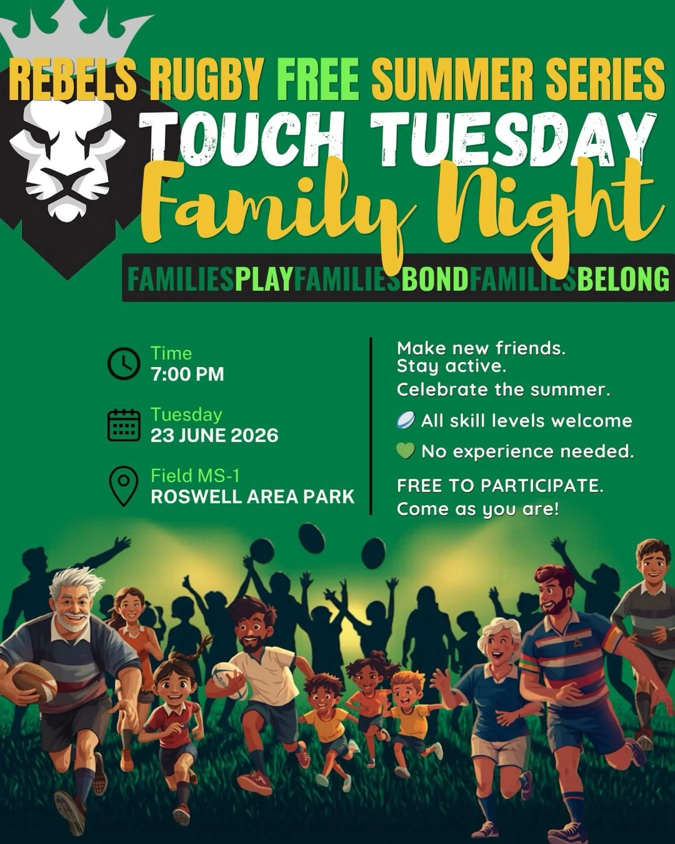 Family Night 🌟🏉

@rebels_rugby_youthga is bringing back TOUCH TUESDAY &ndash; FAMILY NIGHT and you&rsquo;re invited!

No tackles, no experience needed &ndash; just running, laughing, and playing together as families play, families bond, families be