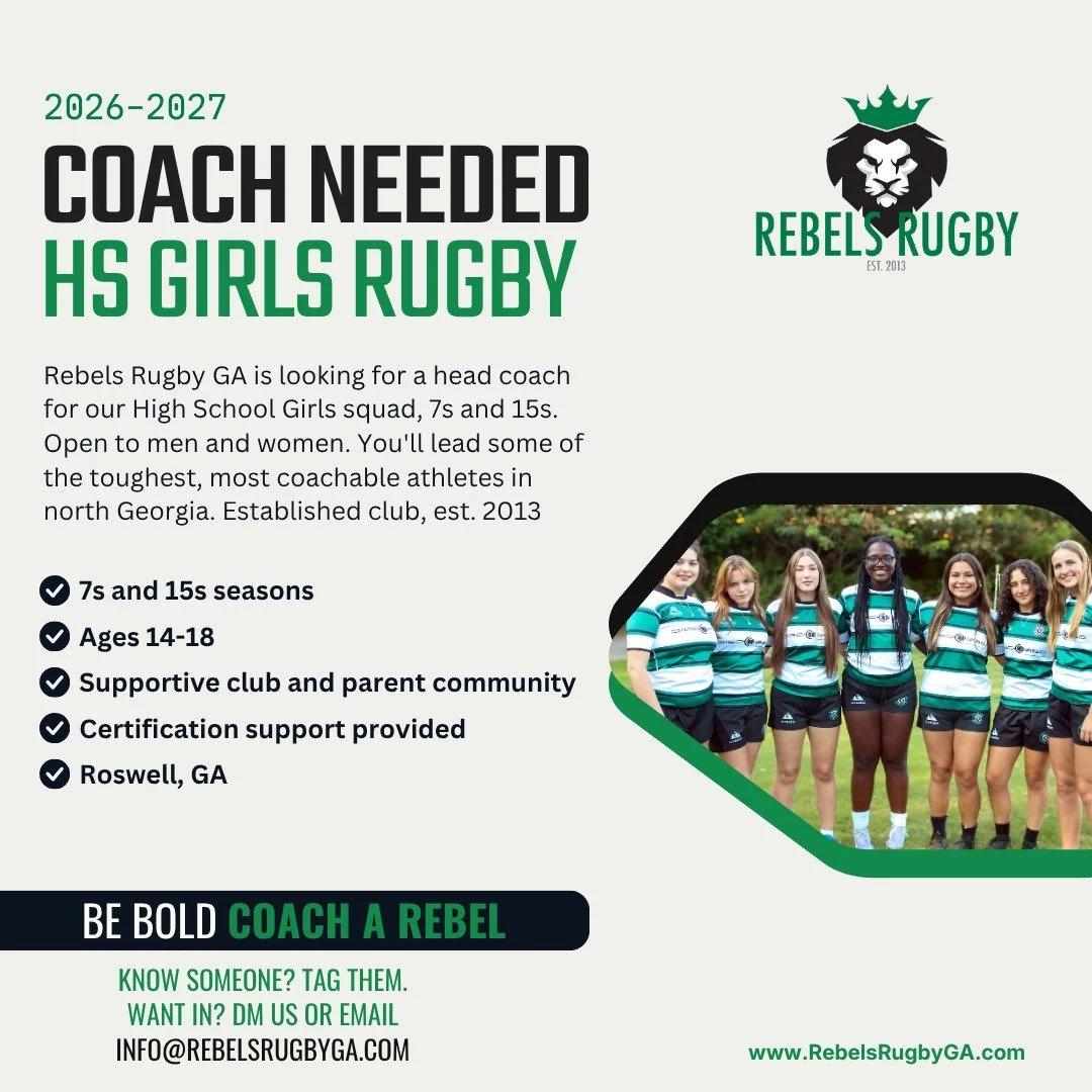 COACH WANTED
HS GIRLS RUGBY🦁

We're looking for a coach 💚🦁
Rebels Rugby GA needs a head coach for our High School Girls squad, 7s and 15s. Open to men and women. Rugby experience matters more than a resume.

You'd be coaching some of the toughest,