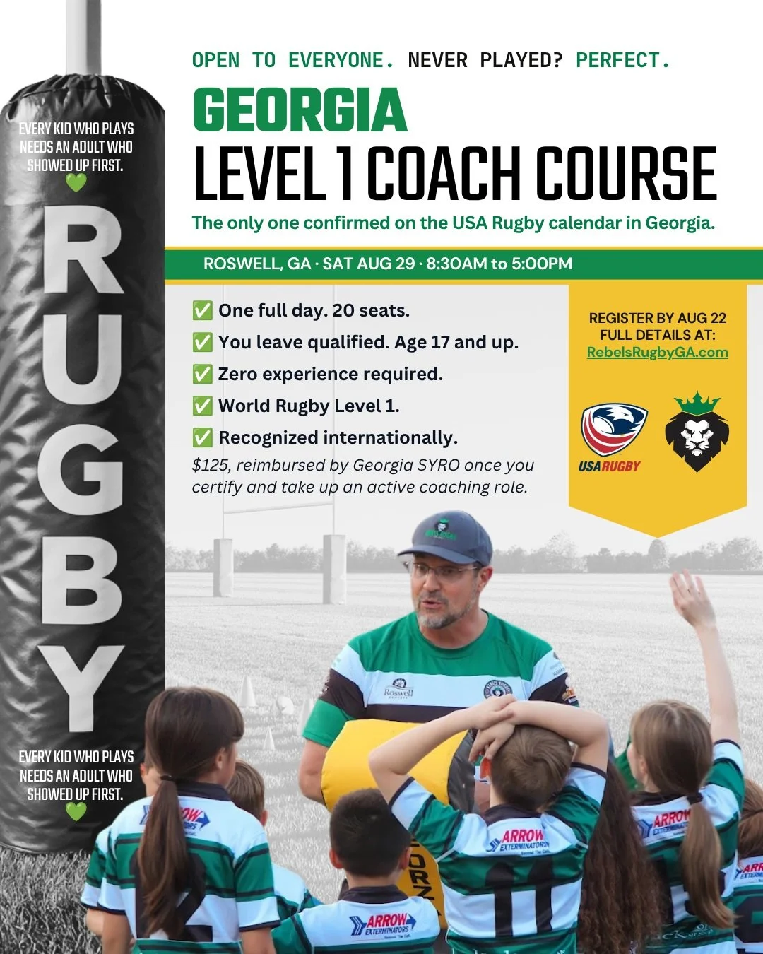 Georgia, this one is open to everybody. 💚

We are hosting the USA Rugby Level 1 Coach Course at Roswell Area Park on Saturday, August 29. It is currently the only Level 1 course confirmed on the USA Rugby calendar in Georgia.

You do not need to hav