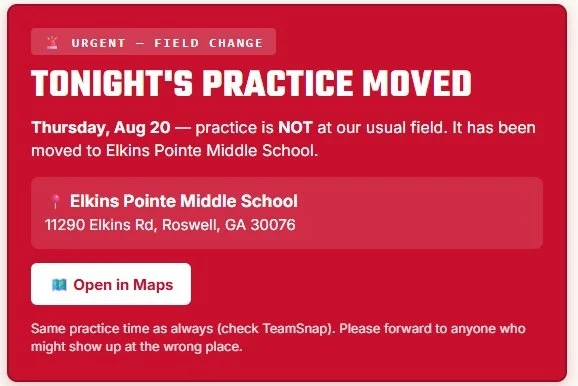 🚨 TONIGHT'S PRACTICE MOVED (Thu 8/20) 🚨

Rebels families, read now: practice is NOT at our usual field tonight. It's been moved to Elkins Pointe Middle School.

📍 11290 Elkins Rd, Roswell, GA 30076
🗺️ https://maps.google.com/?q=Elkins+Pointe+Midd