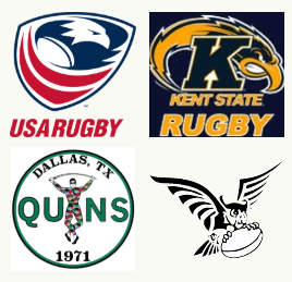 Logo collage featuring teams: USA Rugby, Kent State Rugby, Dallas T. Quins with a mascot or figure, and an eagle holding a football