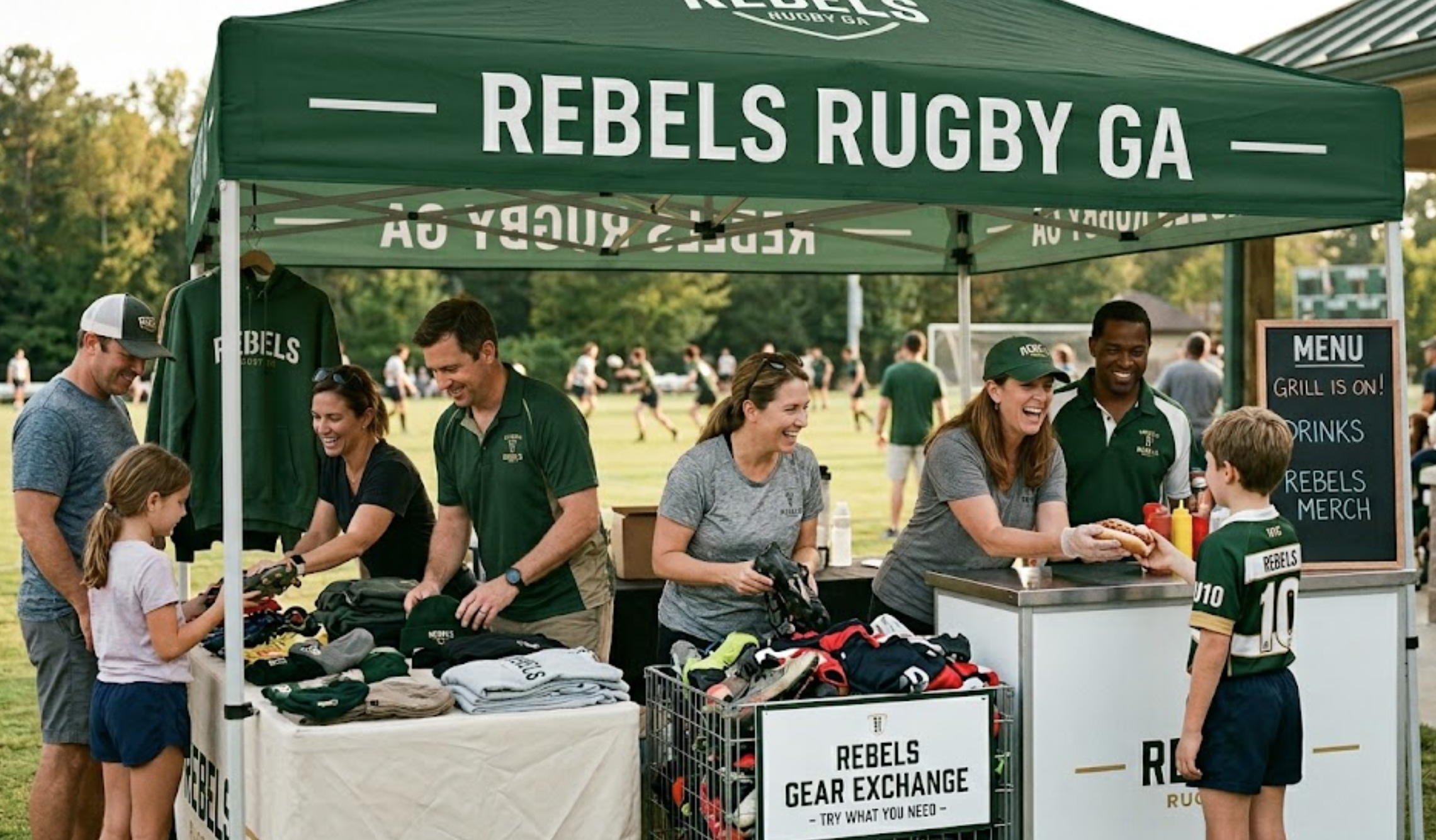 People gathered at a booth labeled 'Rebels Rugby GA,' selling team merchandise at an outdoor event, with children and adults interacting, and a menu board indicating food and drinks.