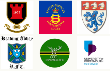 Six sports and university logos: a red and black shield with the year 1977, gold scrolls; a circular logo with blue, red, yellow, and purple elements, and the text 'United Services Portsmouth Rugby'; a shield with three red lions and a blue lion, and a white background; a shield with a blue and black background, yellow and white elements, and the text 'Reading Abbey R.F.C.'; a green circle with a white stag, black and yellow stripes, and the text 'Bracknell RFC'; and a logo with blue, purple, and pink geometric shapes and the text 'University of Portsmouth Men's Rugby'.