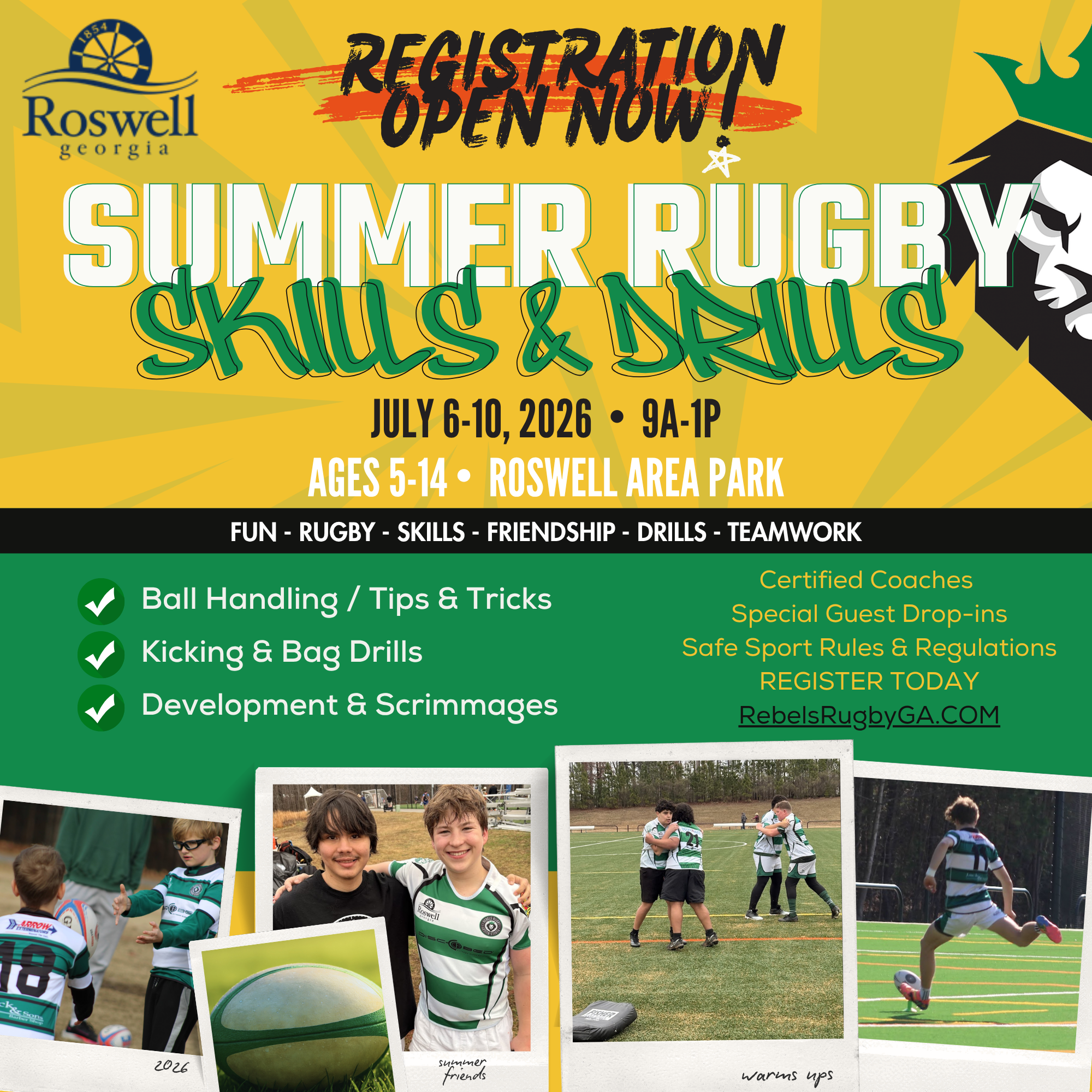 Bright yellow poster advertising a summer rugby camp by Roswell Georgia, open July 6-10, 2026, for children ages 5-14, featuring photos of kids playing rugby and team activities, with details about skills, drills, teamwork, and registration