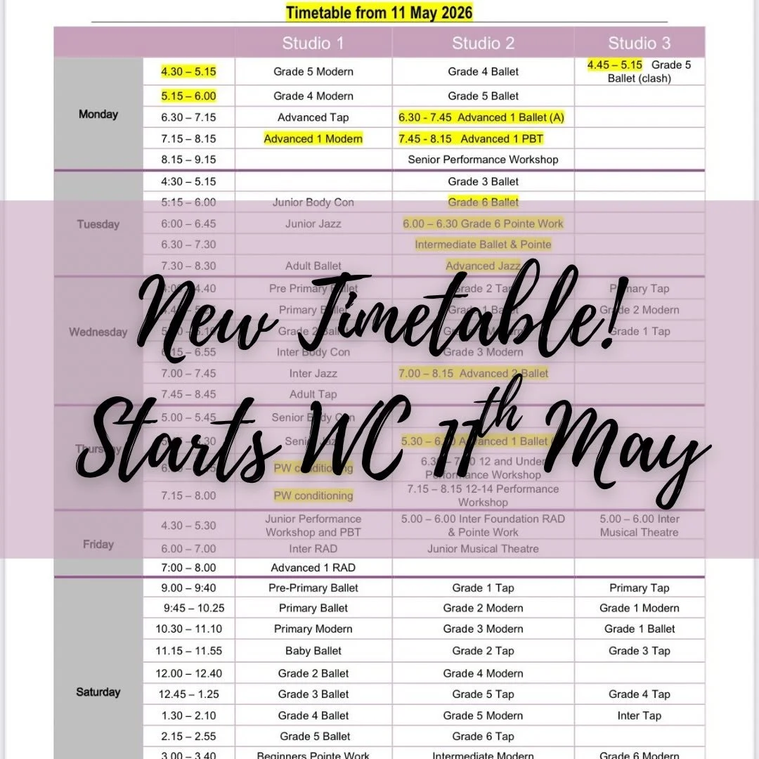 Please make sure you check the new timetable before next week! They can be found stuck on the notice boards at the studio🩷