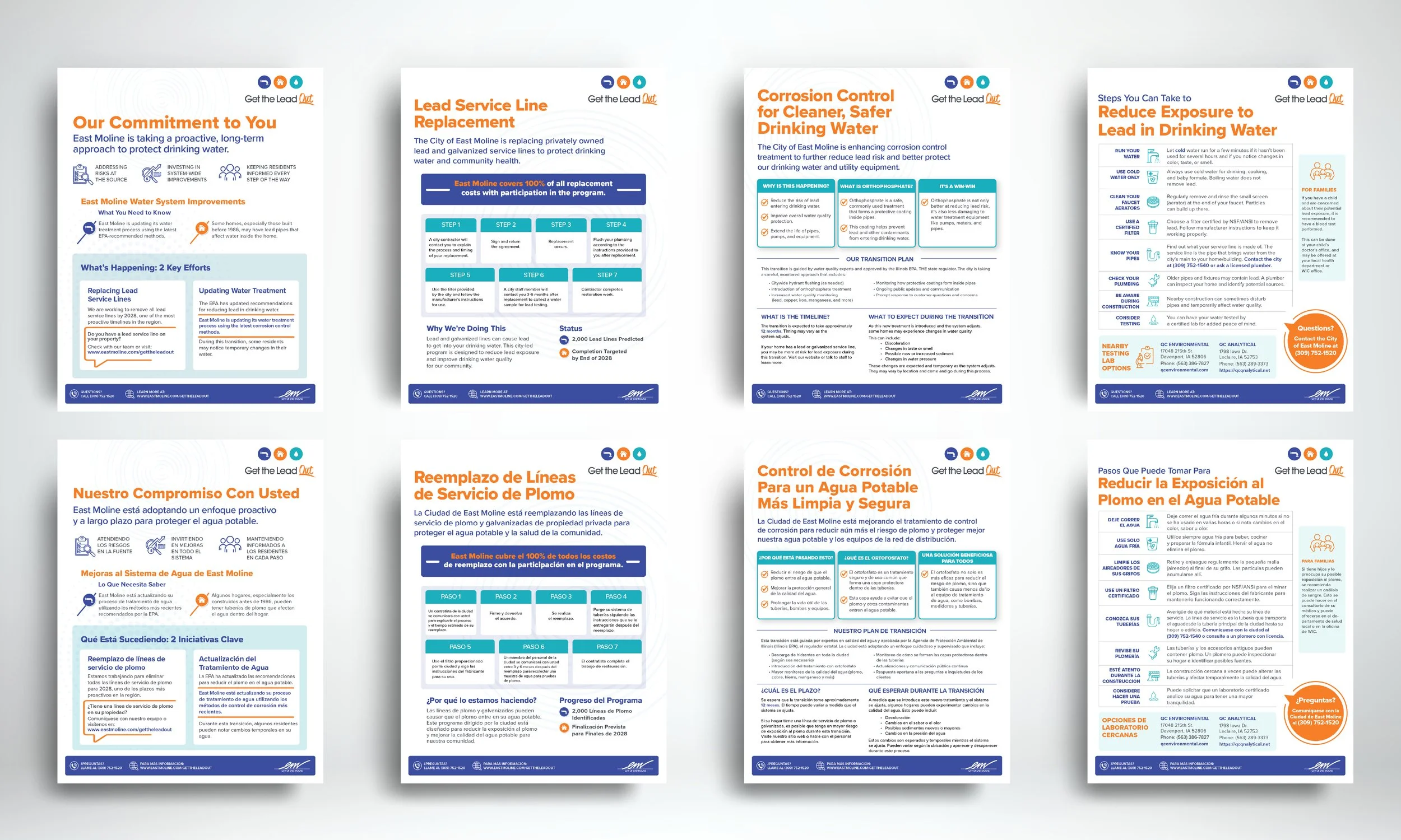  East Moline Get the Lead Out 
  Bilingual Handout Series 
   Problem:  East Moline needed to explain two complex water safety initiatives to residents in both English and Spanish. A city wide commitment overview and a technical corrosion control upd