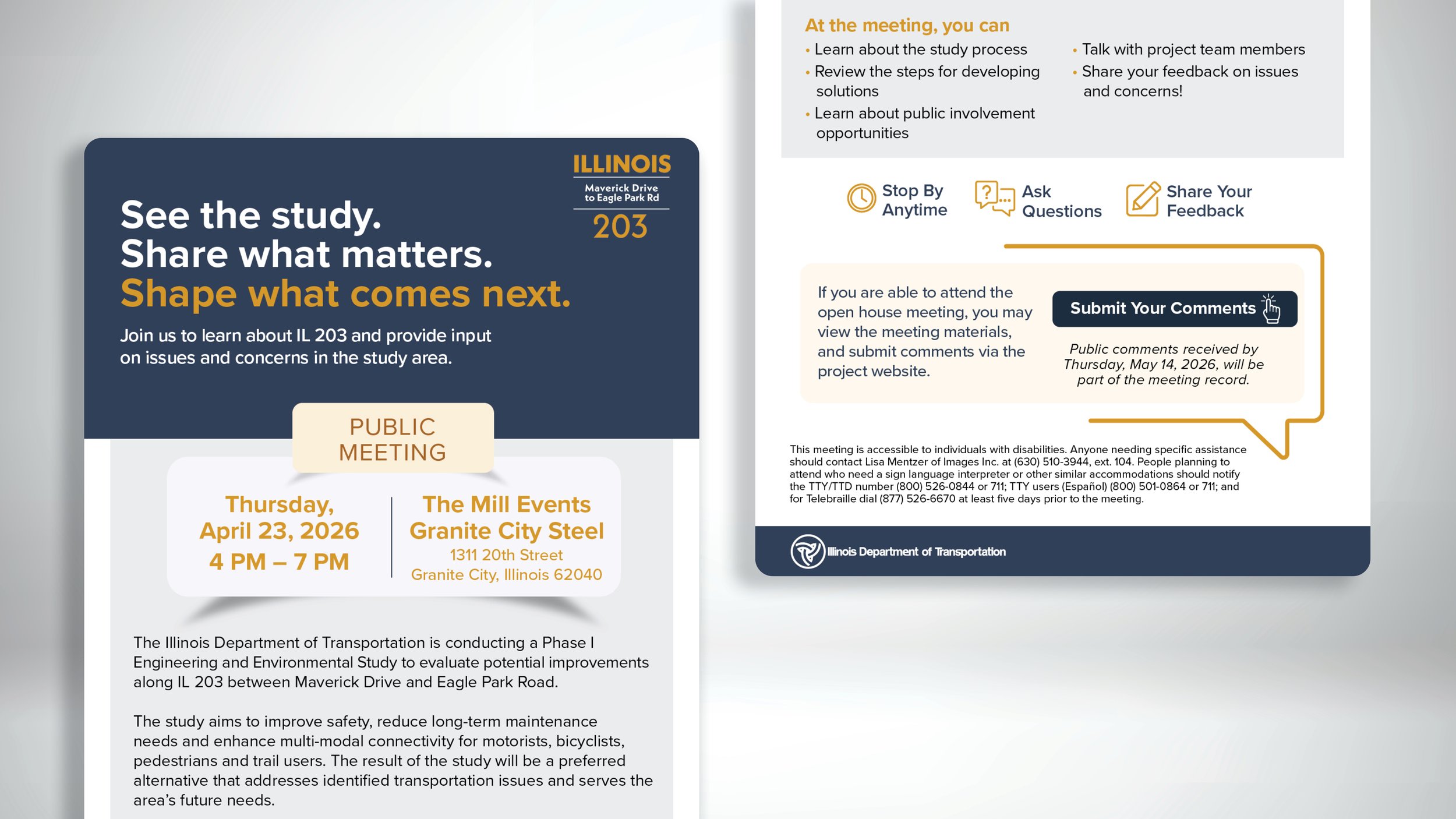   Madison County | IL 203 Study  | Meeting Announcement Email 
   Problem:  The public meeting needed a digital touchpoint matching the print campaign.    My Approach:  I adapted the postcard's headline into an email format, organizing the meeting de