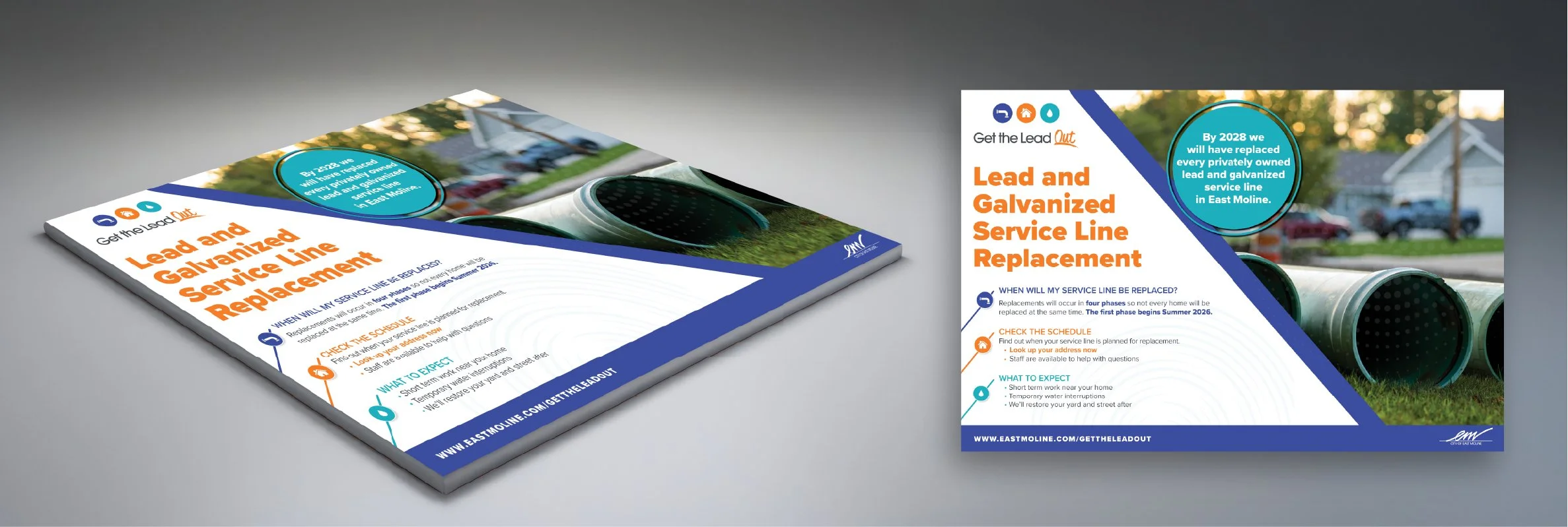 East Moline Get the Lead Out 
  Lead and Galvanized Service Line Replacement | Exhibit Board 
   Problem:  Residents had practical questions about the replacement process; when it would happen, was their block affected, and what disruption to expect
