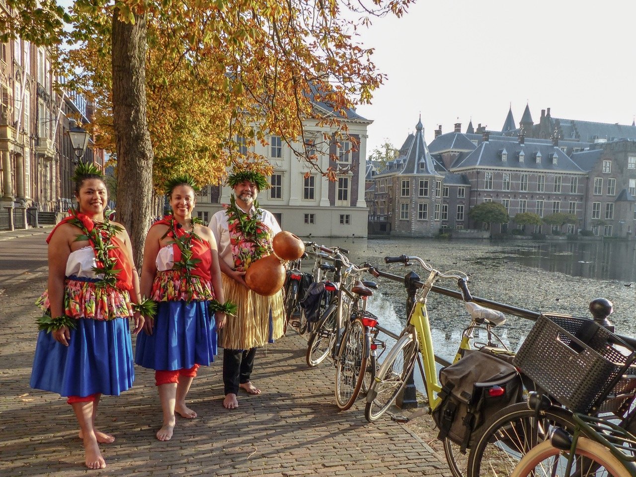  Production still from ‘Going Native’ (2017/2022) by Yuki Kihara. Featuring dancers Hana Kawai'apolikoikanahele Noya (far left), Wendy Māheahealani Amatoeloes (centre) and Harry Kawika Kūmakaekalā Lodder (far right) from ‘Hālau hula ke ala o nā hōku’