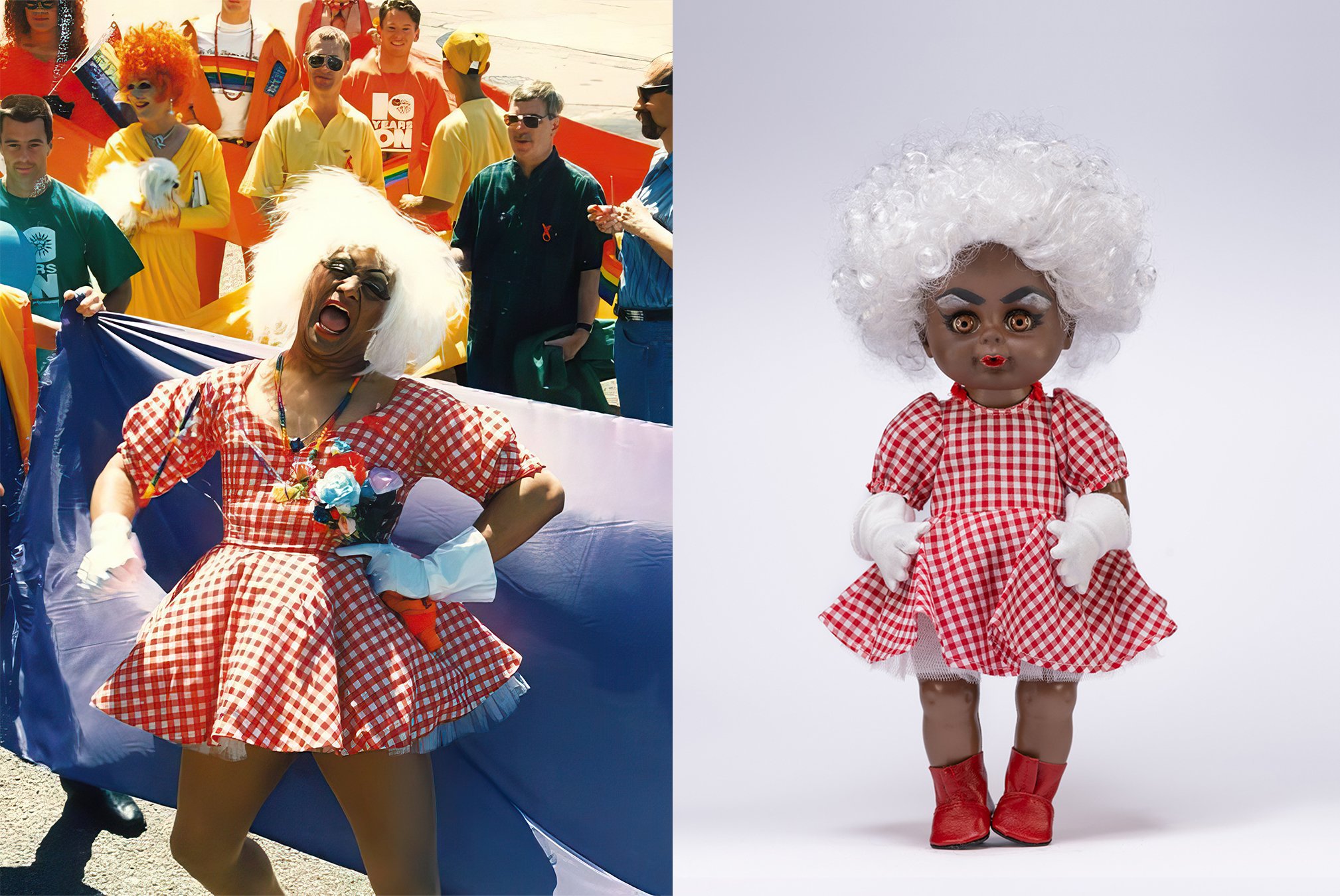  LEFT: Photographer: NZ AIDS Foundation Campaign “10 Years On” Location: Wellington, New Zealand Date: 1994 Photo courtesy of The Burnett Foundation Aotearoa&nbsp;  RIGHT: ‘Queens of the Pacific 1994’ (2023) by Yuki Kihara.  Plastic doll, fabric and 