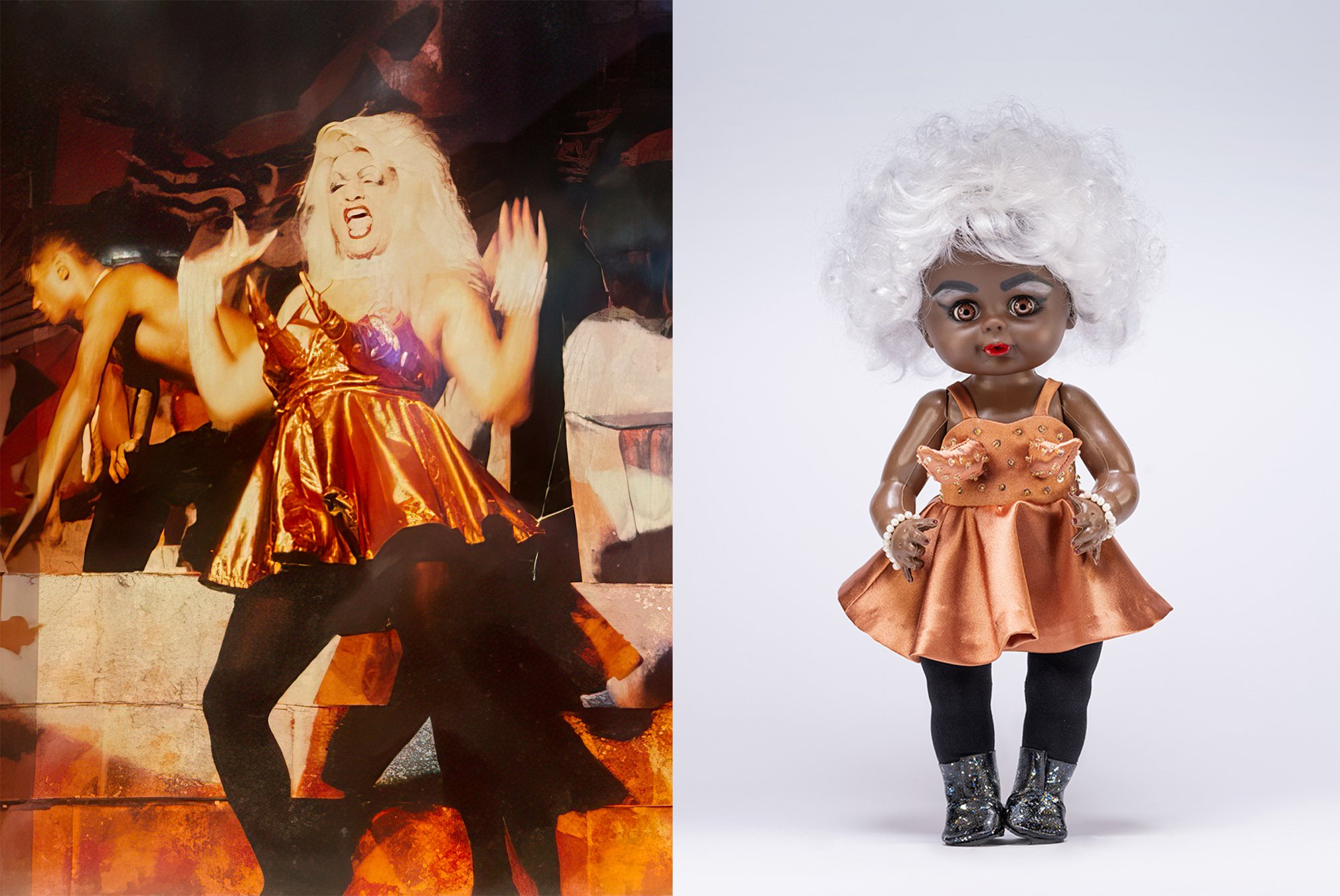  LEFT: Photographer: Morrie Morrison Location: Hero Party, Princess Wharf, Auckland New Zealand Date: 1991 Photo courtesy of Morrie Morrison  RIGHT: ‘Take me to Heaven 1992’ (2023) by Yuki Kihara. Plastic doll, fabric and mixed media. 370mm (H) x 180