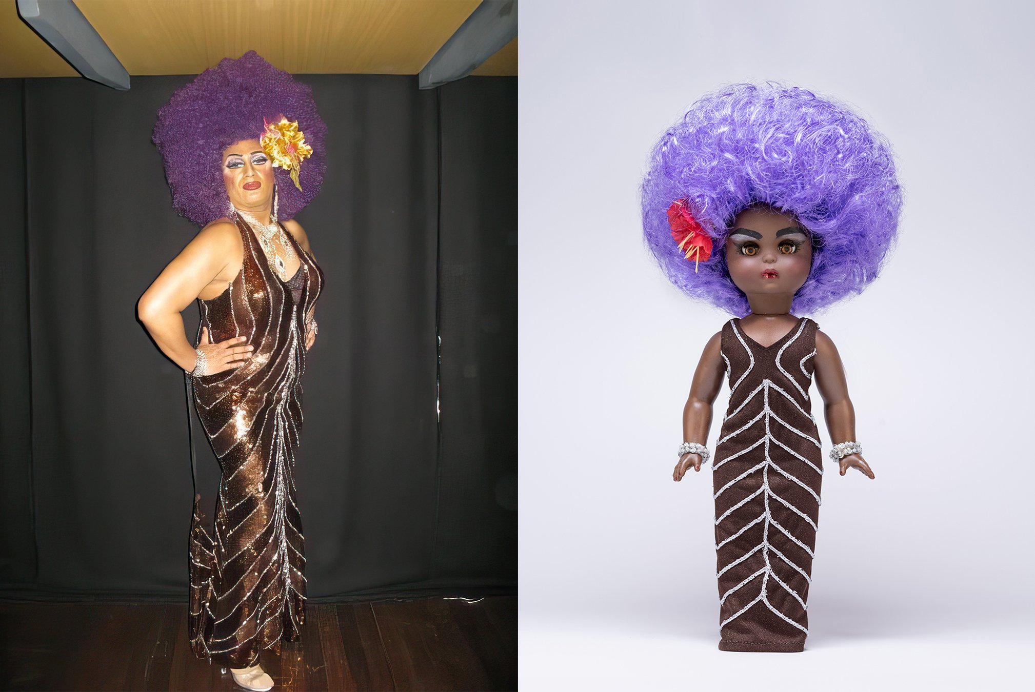  LEFT: Photographer: Edward Cowley aka BuckwheatNZ Location: Sydney Opera House backstage Date: 2009 Credit line:&nbsp;Photo courtesy of Edward Cowley  RIGHT: ‘Fa’afafines at the Sydney Opera House 2009’ (2023) by Yuki Kihara.  Plastic doll, fabric a