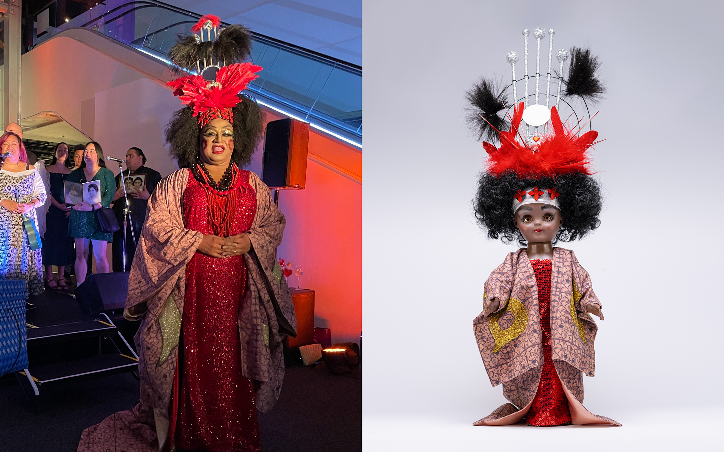  LEFT: ‘BERTHA in performance with Samu family’ during the opening celebration of ‘BERTHA’ (2023) exhibition by Yuki Kihara curated by Natalie King presented at the Powerhouse Museum held on Thursday 24th August 2023. BERTHA’s finale outfit consistin