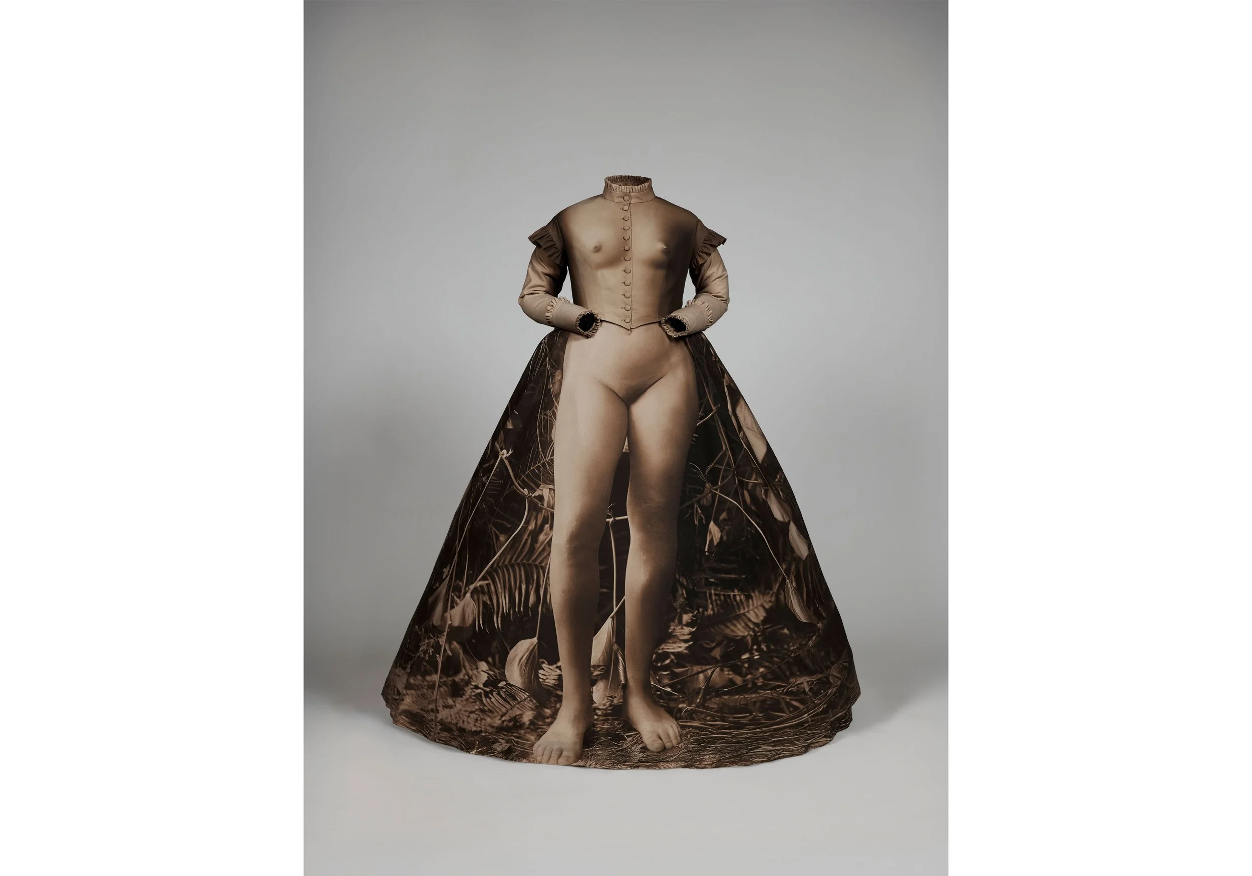  Yuki Kihara, Dresstories I (O.002304), 2026 Printed calico, crinoline, bustle, mannequin, ed of 2 + 1 AP Approx size: 1600 x 1500 x 1500 mm. Courtesy of Yuki Kihara and Milford Galleries, Aotearoa New Zealand. 