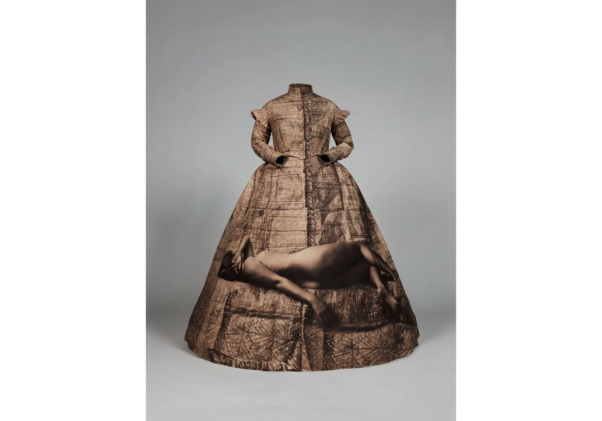  Yuki Kihara, Dresstories II (O.002283), 2026 Printed calico, crinoline, bustle, mannequin, ed of 2 + 1 AP Approx size: 1600 x 1500 x 1500 mm. Courtesy of Yuki Kihara and Milford Galleries, Aotearoa New Zealand. 