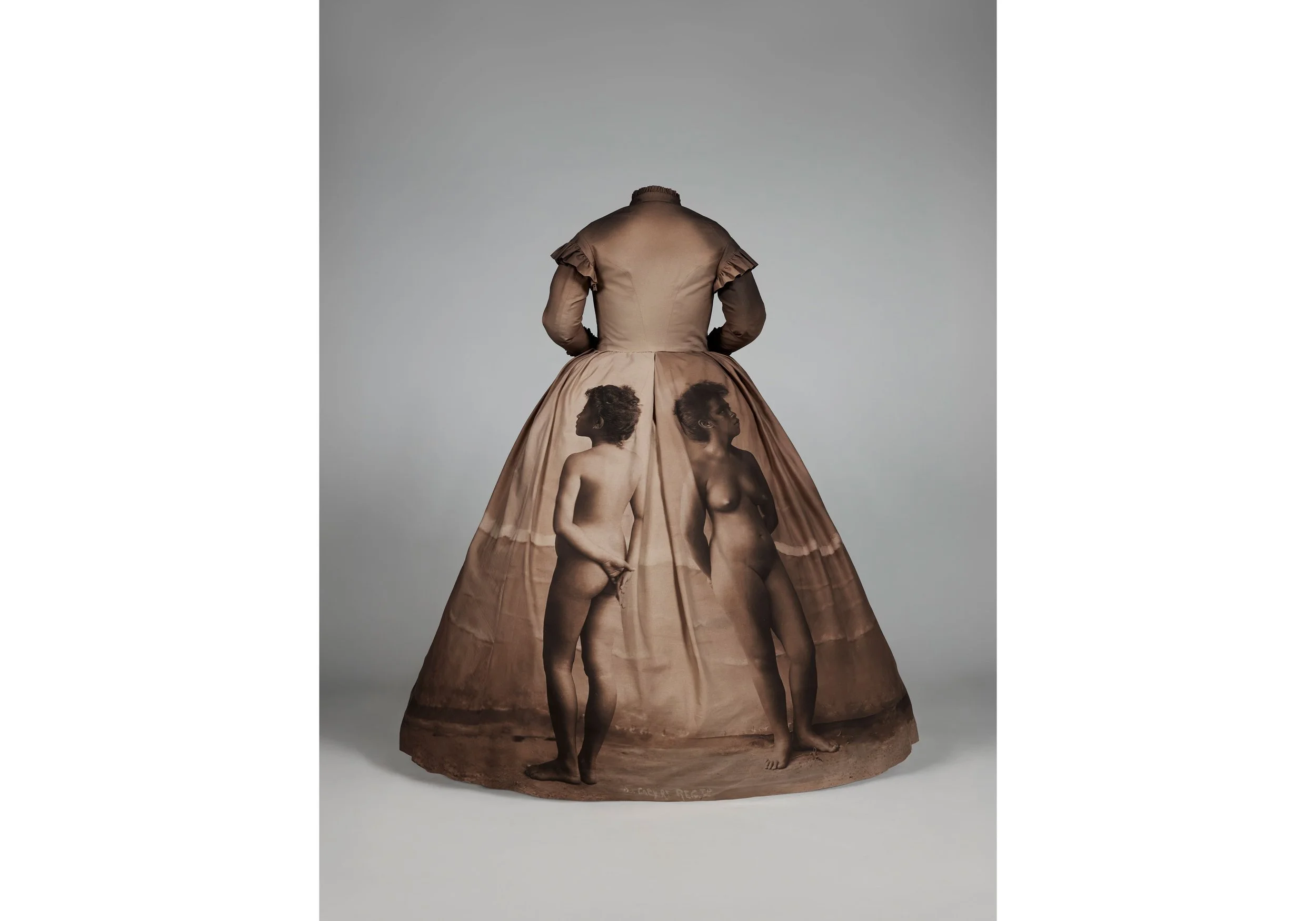  Yuki Kihara, Dresstories IV (O.002288), 2026 Printed calico, crinoline, bustle, mannequin, ed of 2 +1 AP Approx size: 1600 x 1500 x 1500 mm. Courtesy of Yuki Kihara and Milford Galleries, Aotearoa New Zealand. 