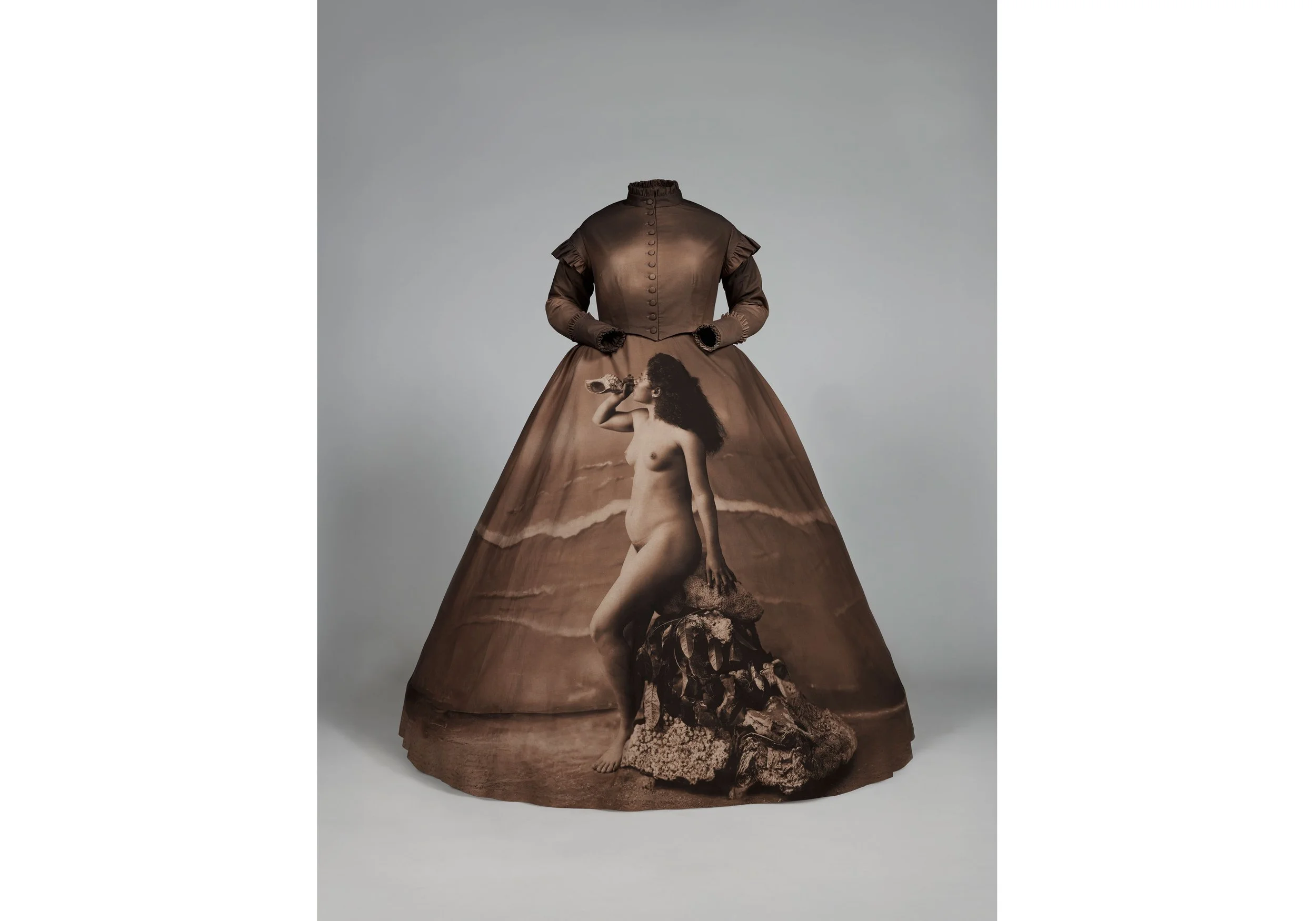  Yuki Kihara, Dresstories IV (O.002288), 2026 Printed calico, crinoline, bustle, mannequin, ed of 2 +1 AP Approx size: 1600 x 1500 x 1500 mm. Courtesy of Yuki Kihara and Milford Galleries, Aotearoa New Zealand. 