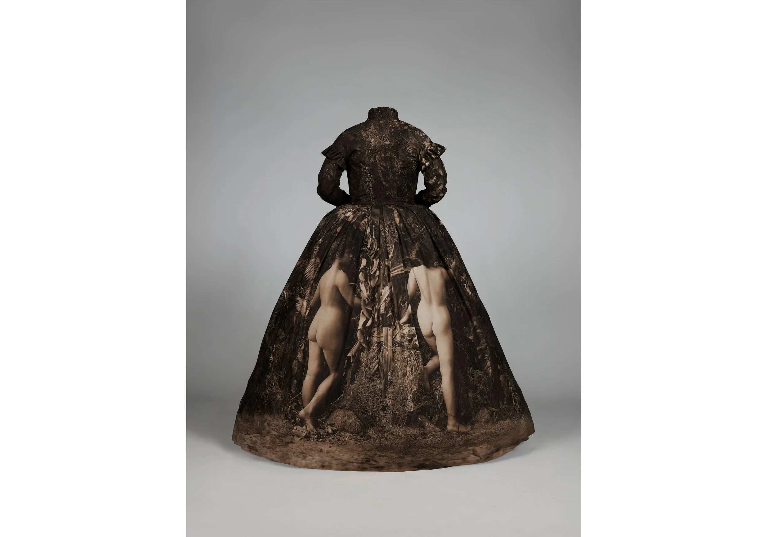  Yuki Kihara, Dresstories III (O.002295), 2026 Printed calico, crinoline, bustle, mannequin, ed of 2 + 1 AP Approx size: 1600 x 1500 x 1500 mm. Courtesy of Yuki Kihara and Milford Galleries, Aotearoa New Zealand. 