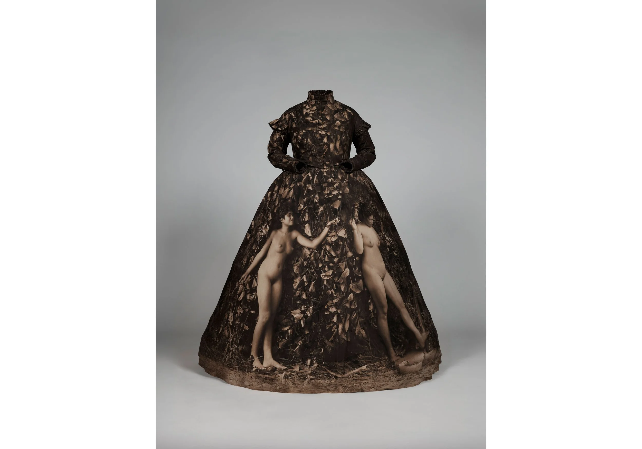  Yuki Kihara, Dresstories III (O.002295), 2026 Printed calico, crinoline, bustle, mannequin, ed of 2 + 1 AP Approx size: 1600 x 1500 x 1500 mm. Courtesy of Yuki Kihara and Milford Galleries, Aotearoa New Zealand. 