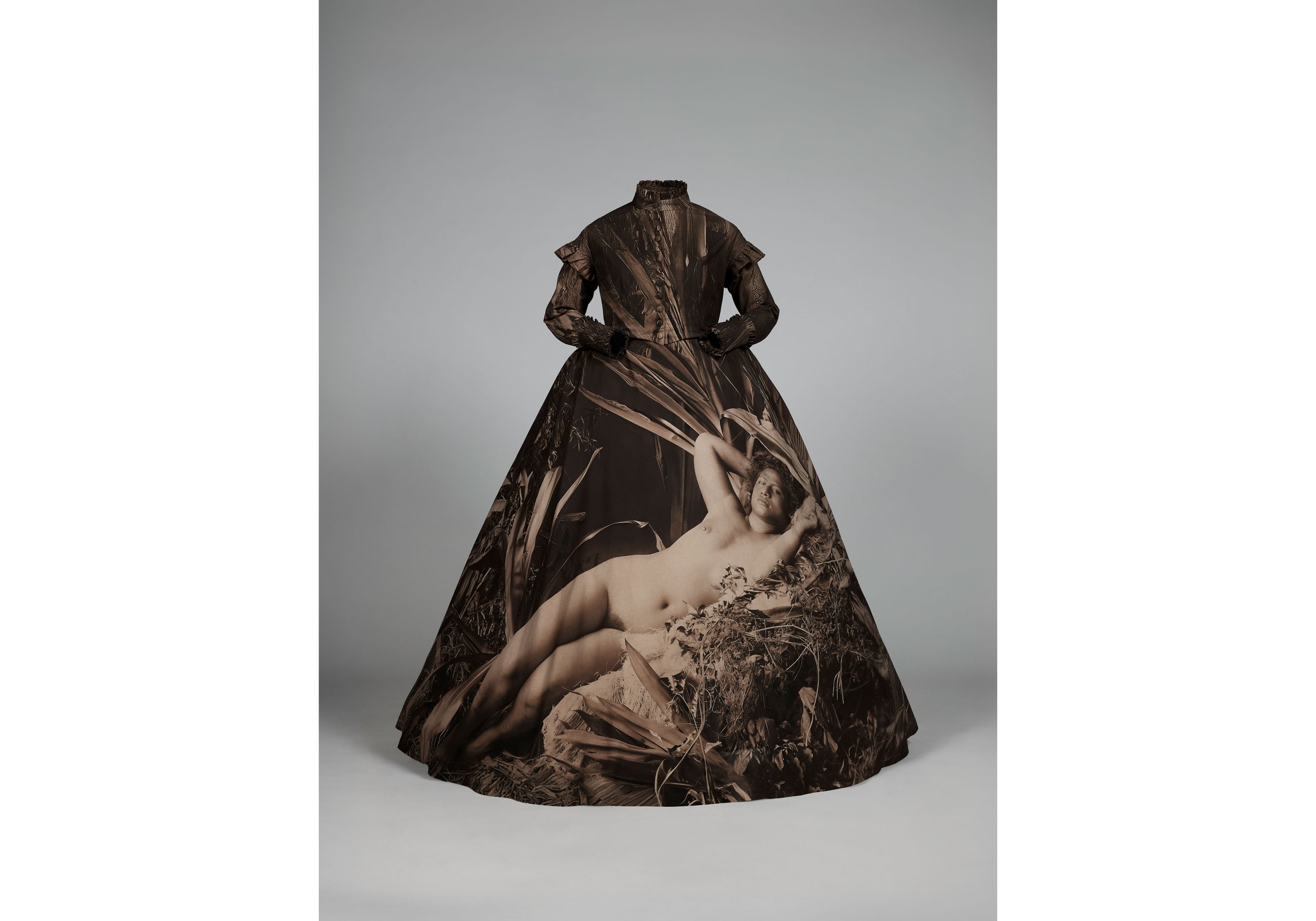  Yuki Kihara, Dresstories V (O.002280), 2026 Printed calico, crinoline, bustle, mannequin, ed of 2 + 1 AP Approx size: 1600 x 1500 x 1500 mm. Courtesy of Yuki Kihara and Milford Galleries, Aotearoa New Zealand. 