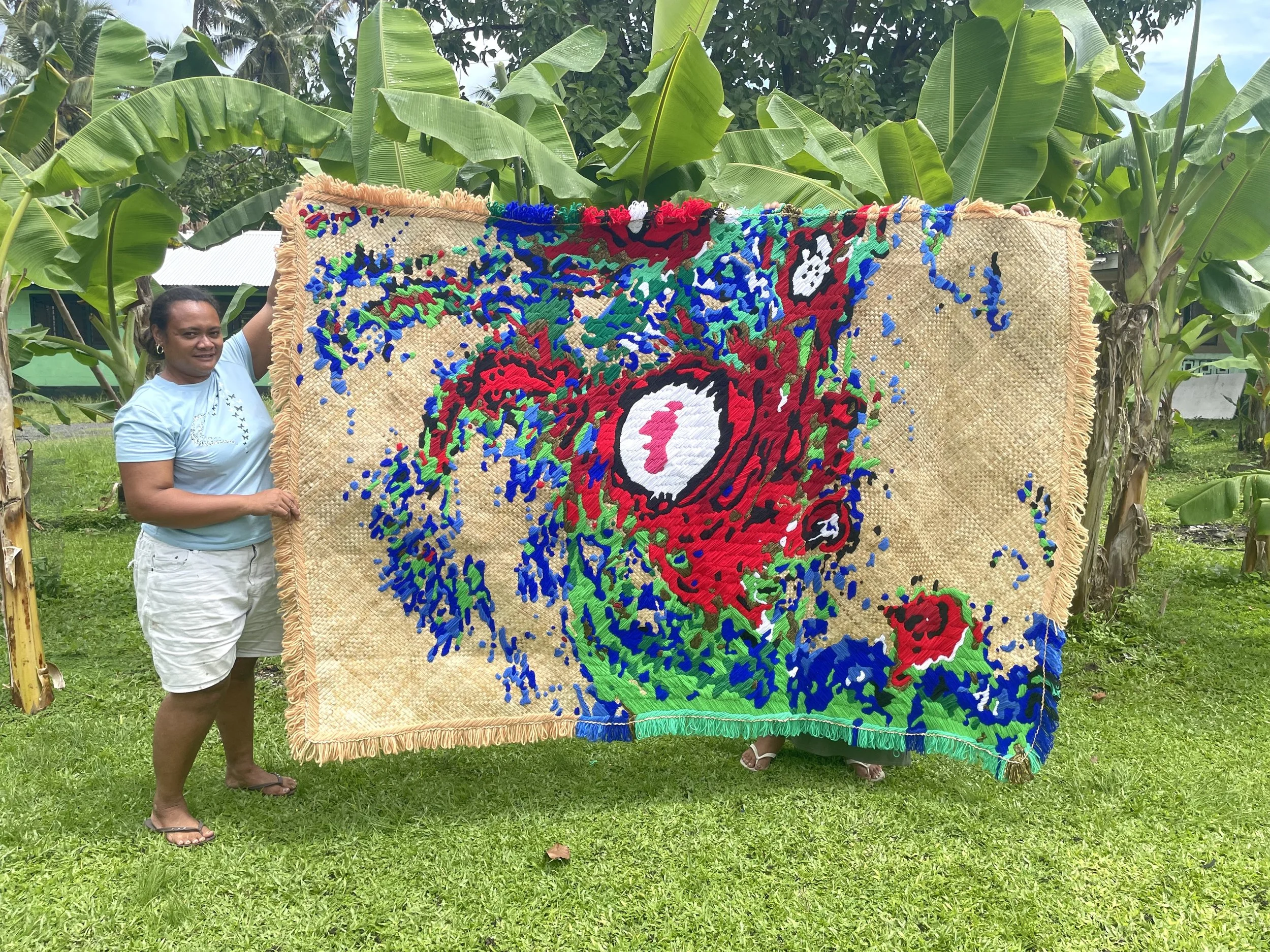  ‘Mal’ (2026) by Yuki Kihara. Woollen embroidery on pandanus mat. Approx. 2.4 mt x 1.5 mt. Photo by Yuki Kihara. Courtesy of Yuki Kihara. 