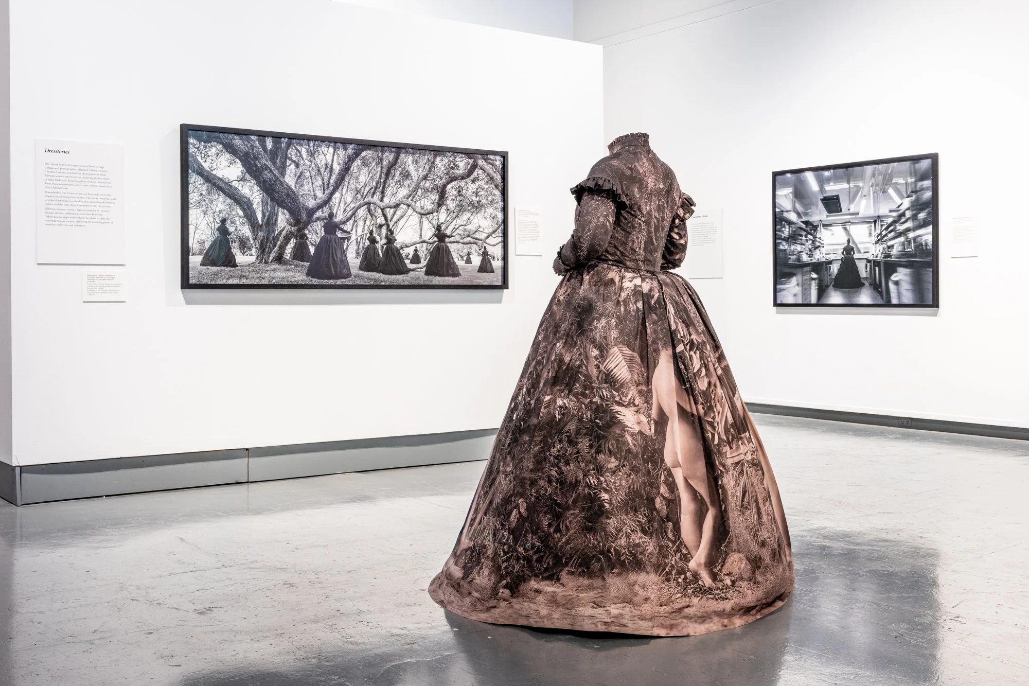  Exhibition installation of 'Dresstories' (2026) by Yuki Kihara presented at the New Zealand Portrait Gallery, 2026. Photo by&nbsp;Catherine Adam. Courtesy of Yuki Kihara,&nbsp;New Zealand Portrait Gallery and Milford Galleries, Aotearoa New Zealand.