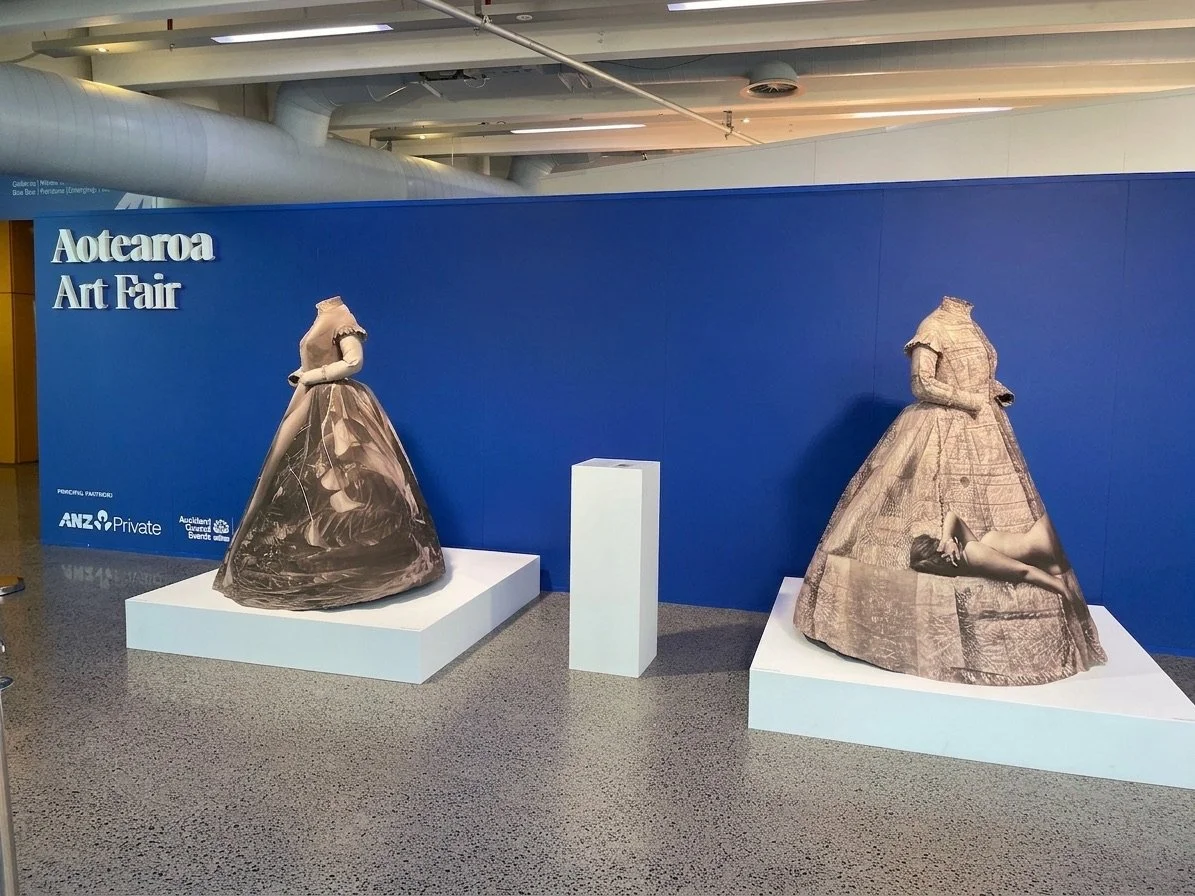  Selected works from 'Dresstories' (2026) presented the 2026 Aotearoa Art Fair. Photo by Yuki Kihara.&nbsp; 