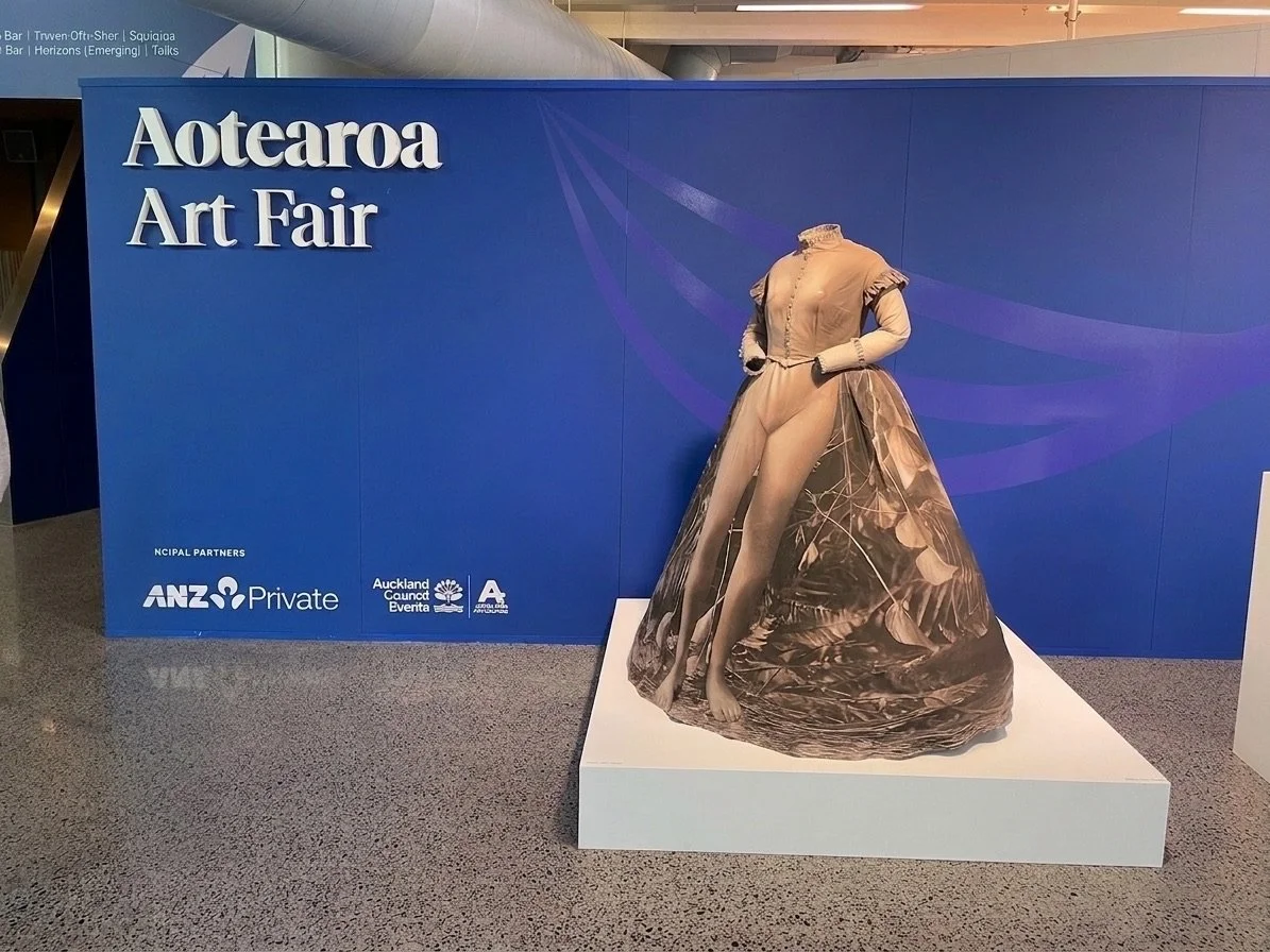  Selected works from 'Dresstories' (2026) presented the 2026 Aotearoa Art Fair. Photo by Yuki Kihara.&nbsp; 