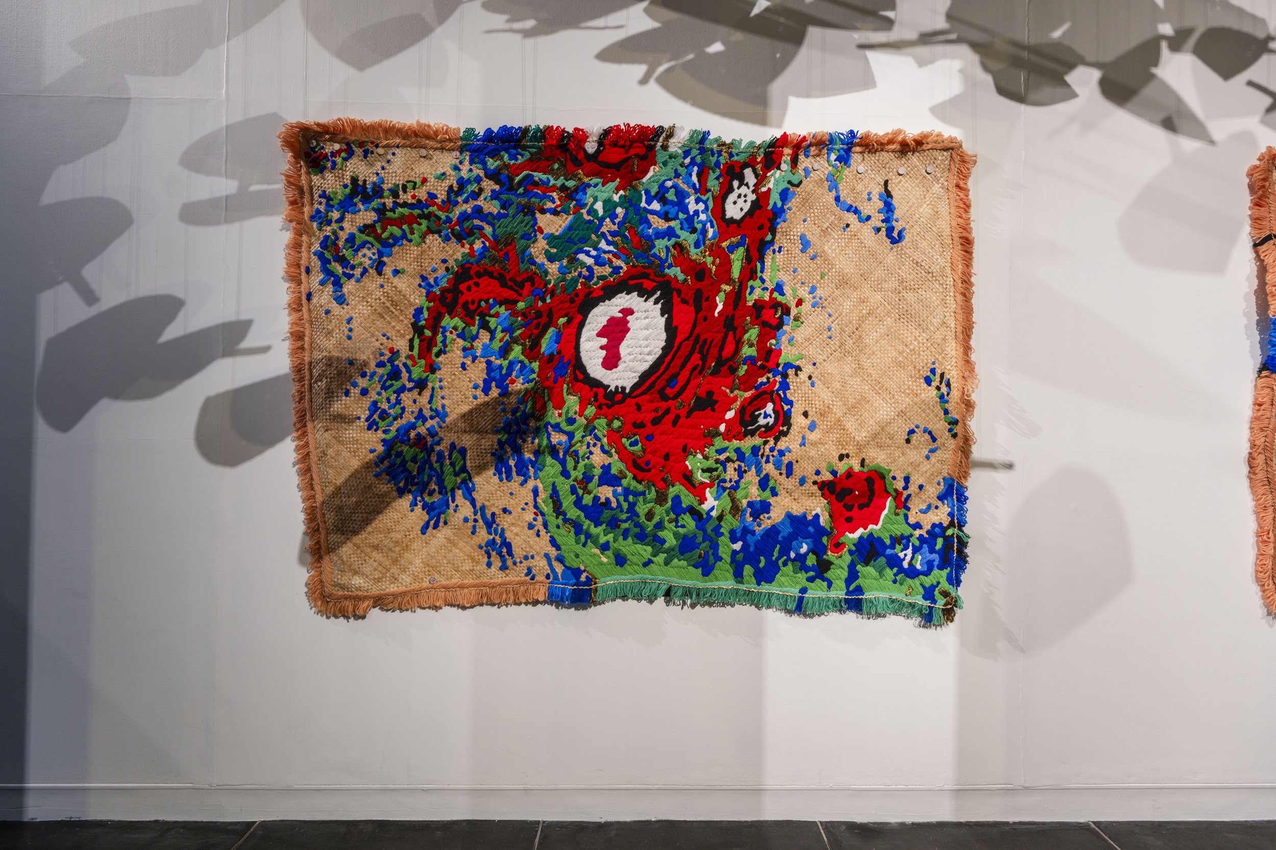  'Winds of Change' (2026) site-specific installation by Yuki Kihara. Ili supplied by The Sāmoa Victim Support Group (SVSG). Installation photo by Ted Whitaker. Courtesy of Te Pātaka Toi Adam Art Gallery, Aotearoa New Zealand. 
