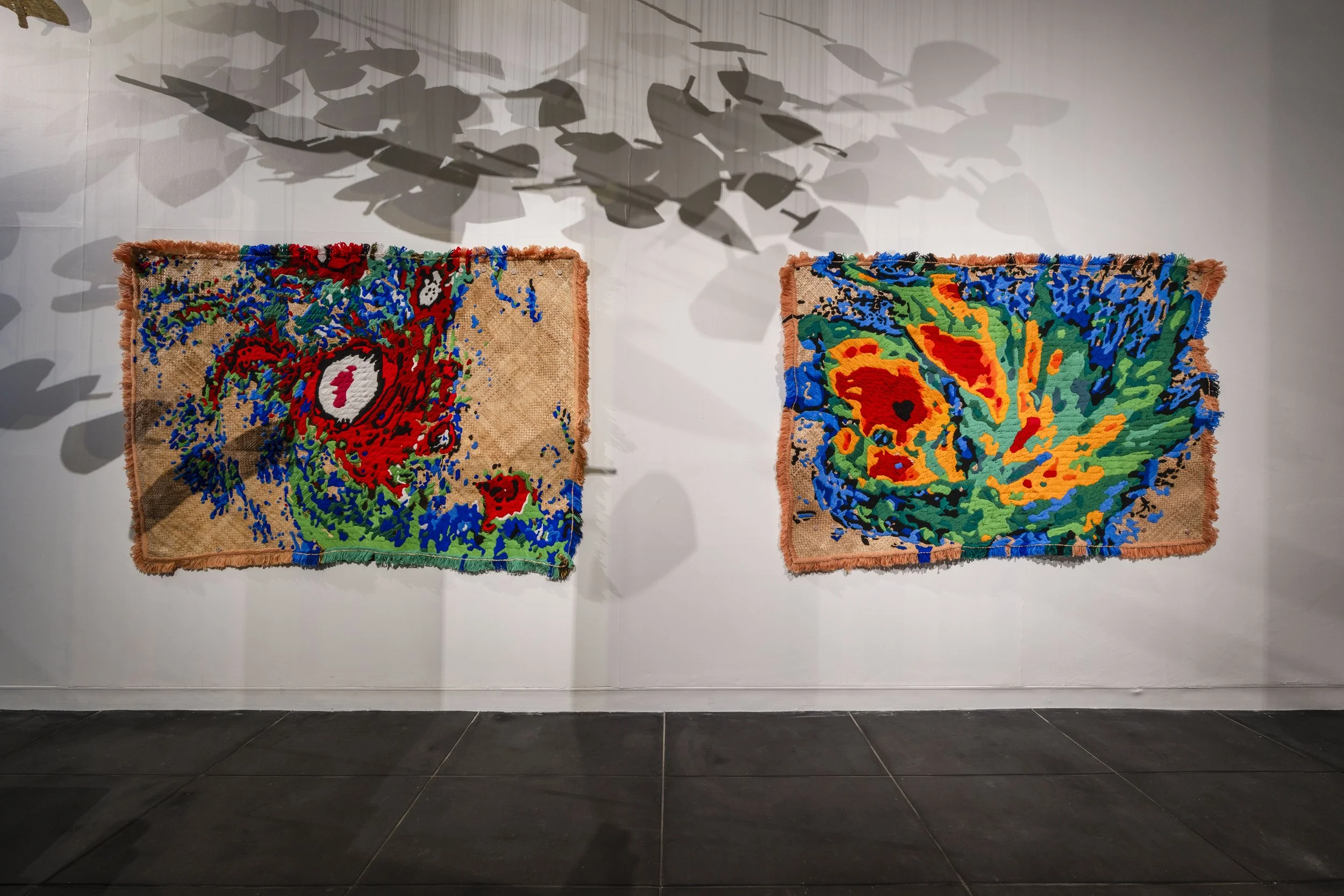  'Winds of Change' (2026) site-specific installation by Yuki Kihara. Ili supplied by The Sāmoa Victim Support Group (SVSG). Installation photo by Ted Whitaker. Courtesy of Te Pātaka Toi Adam Art Gallery, Aotearoa New Zealand. 