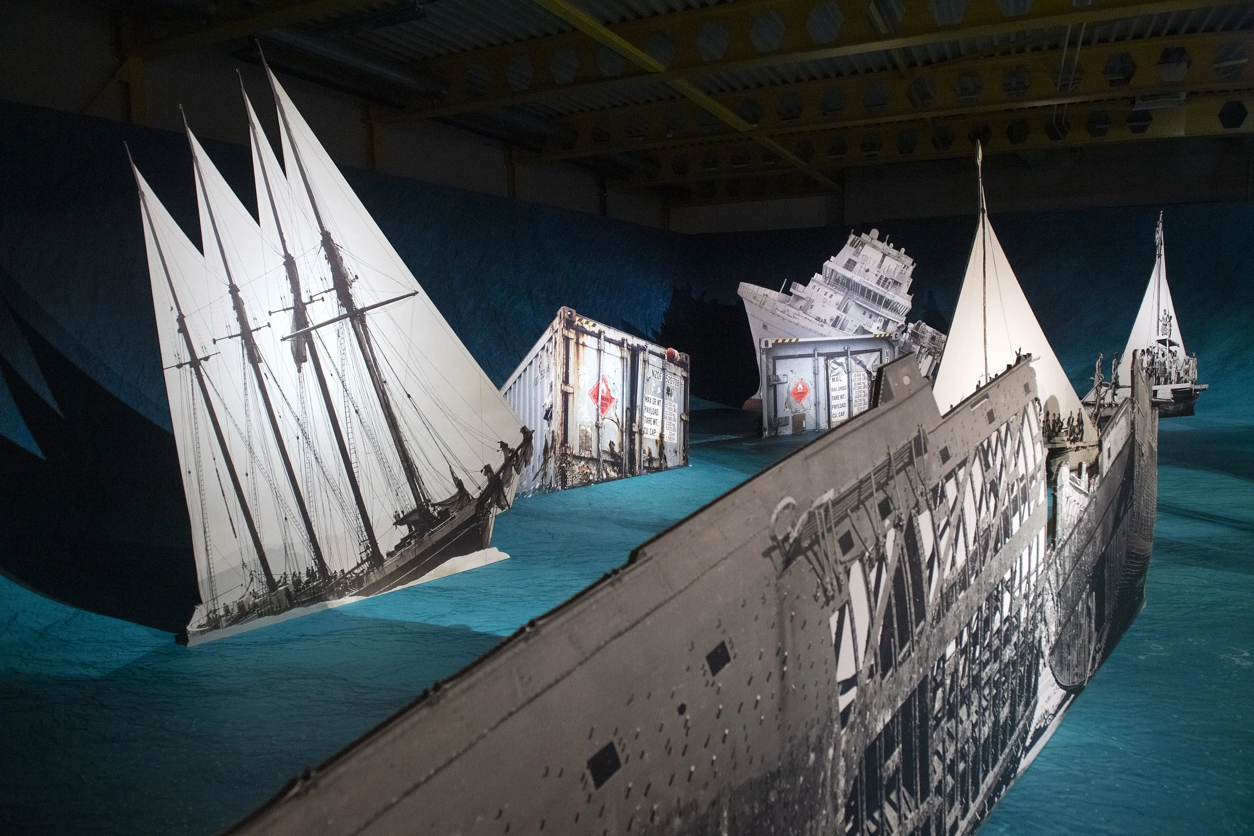  ‘Shipwrecks of Empire' (2026) site-specific installation by Yuki Kihara.&nbsp;Printed vinyl on cardboard presented as theater flats. Dimensions variable. Coutesy of Yuki Kihara and BredaPhoto Festival, The Netherlands. Photo by&nbsp;Ron Magielse. 