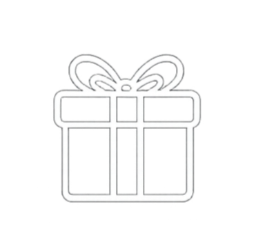 Simplified drawing of a wrapped gift box with a bow, featuring yellow, gray, and white colors.
