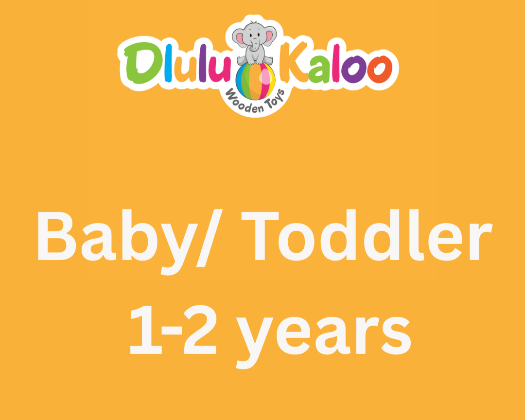 Packaging label for Dulul Kaloo Wooden Toys suitable for babies and toddlers aged 1 to 2 years. The label features a colorful logo with an elephant, the brand name in multicolored letters, and an orange background.