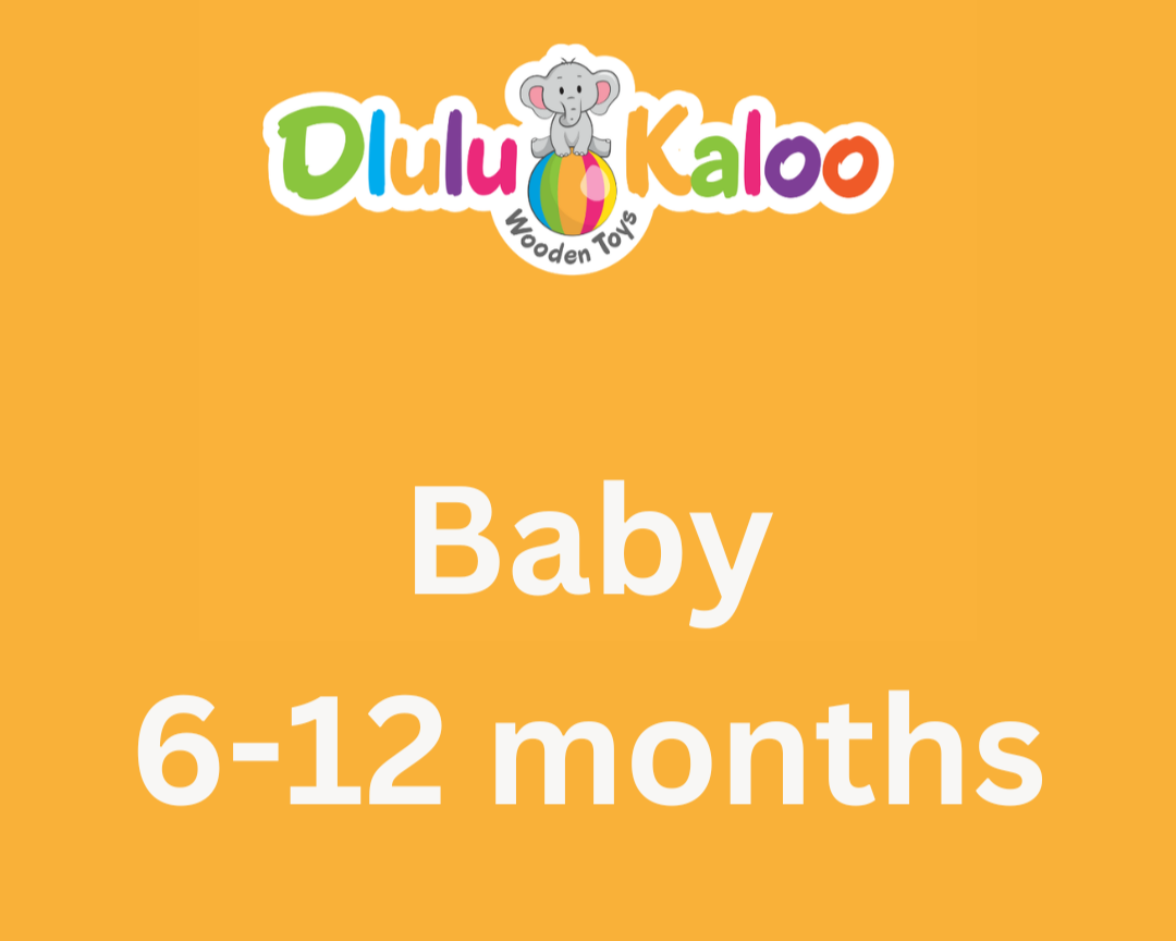 Orange background with a colorful logo at the top featuring a gray elephant sitting on a rainbow ball with the words "Dilu Kaloo" in multicolored letters and "Wooden Toys" underneath. White text in the center reads "Baby 6-12 months."