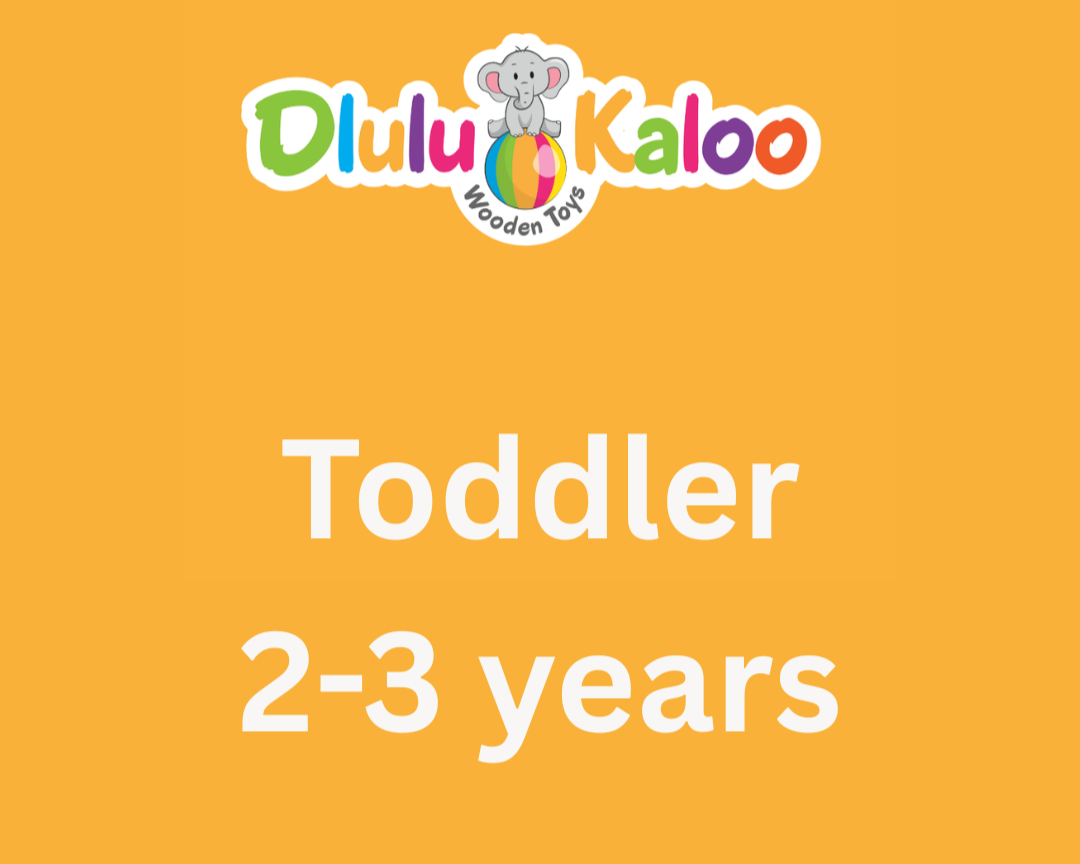 Orange background with colorful text reading 'Dulu Kaloo Wooden Toys' and white text indicating age range 'Toddler 2-3 years'.