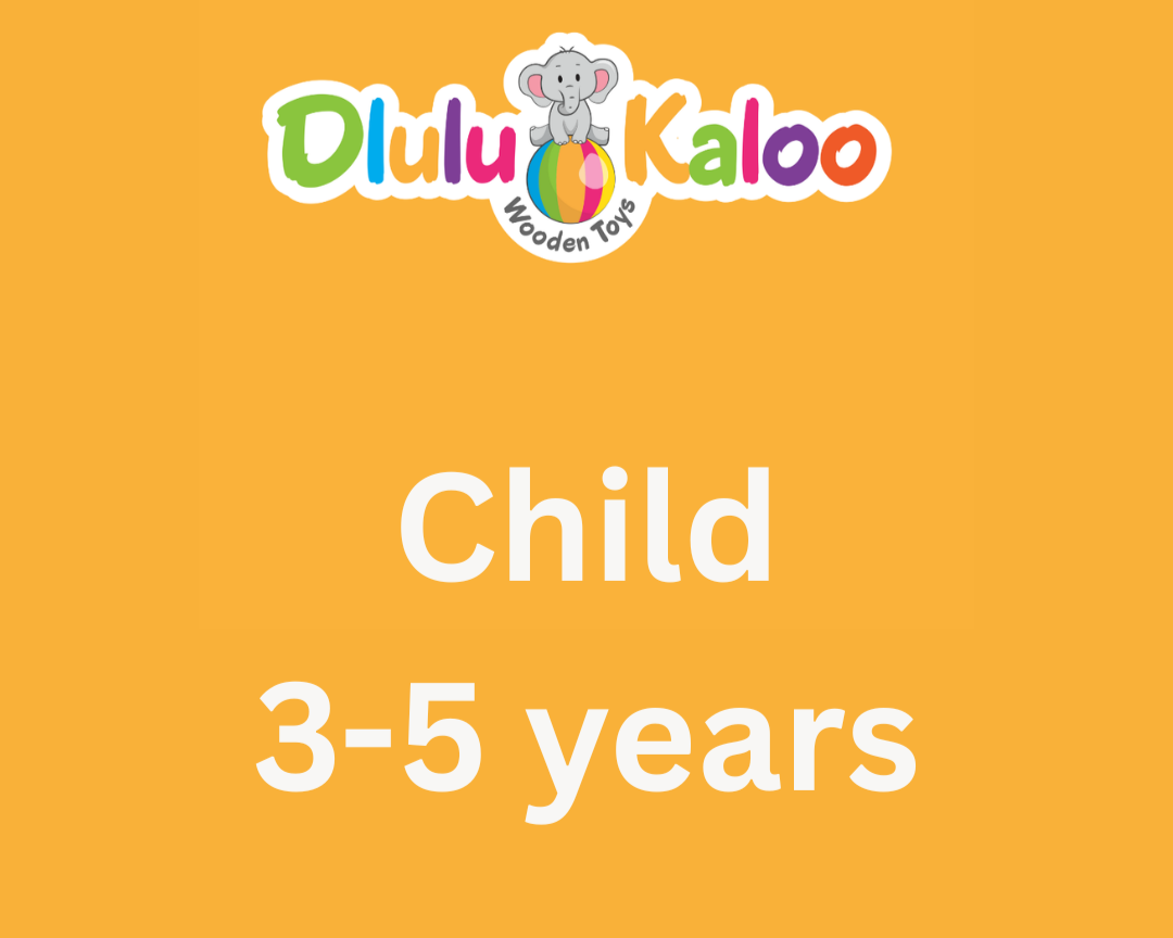 Colorful packaging label for a child toy, featuring a cartoon elephant on top of a striped ball, with the brand name 'Dlu Kaloo' and the text 'Child 3-5 years' in white font on a yellow background.