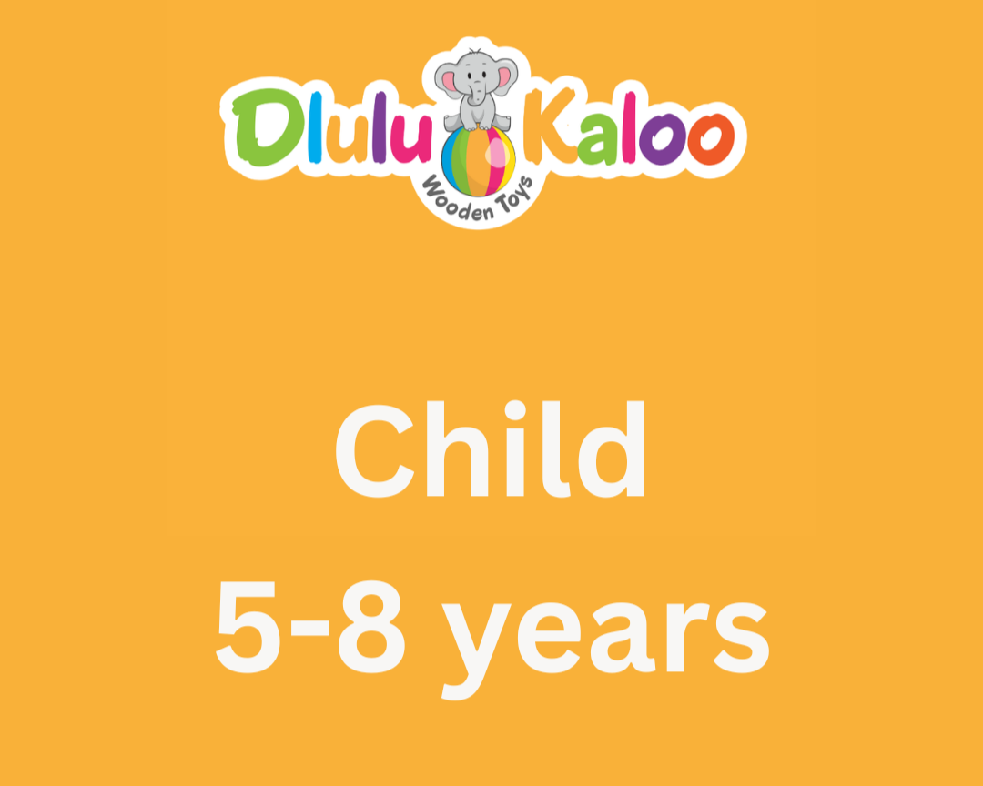 Bright orange background with a colorful logo at the top featuring a gray elephant sitting on a multicolored ball, with the text "Dilu Kaloo Wooden Toys". Below the logo, large white text reads "Child 5-8 years."