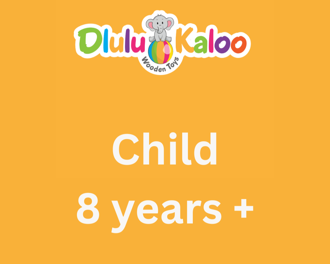 Product packaging for Dulu Kaloo Wooden Toys featuring a logo with colorful text, a cartoon elephant on top of a beach ball, and the description 'Child 8 years +' in white text on an orange background.