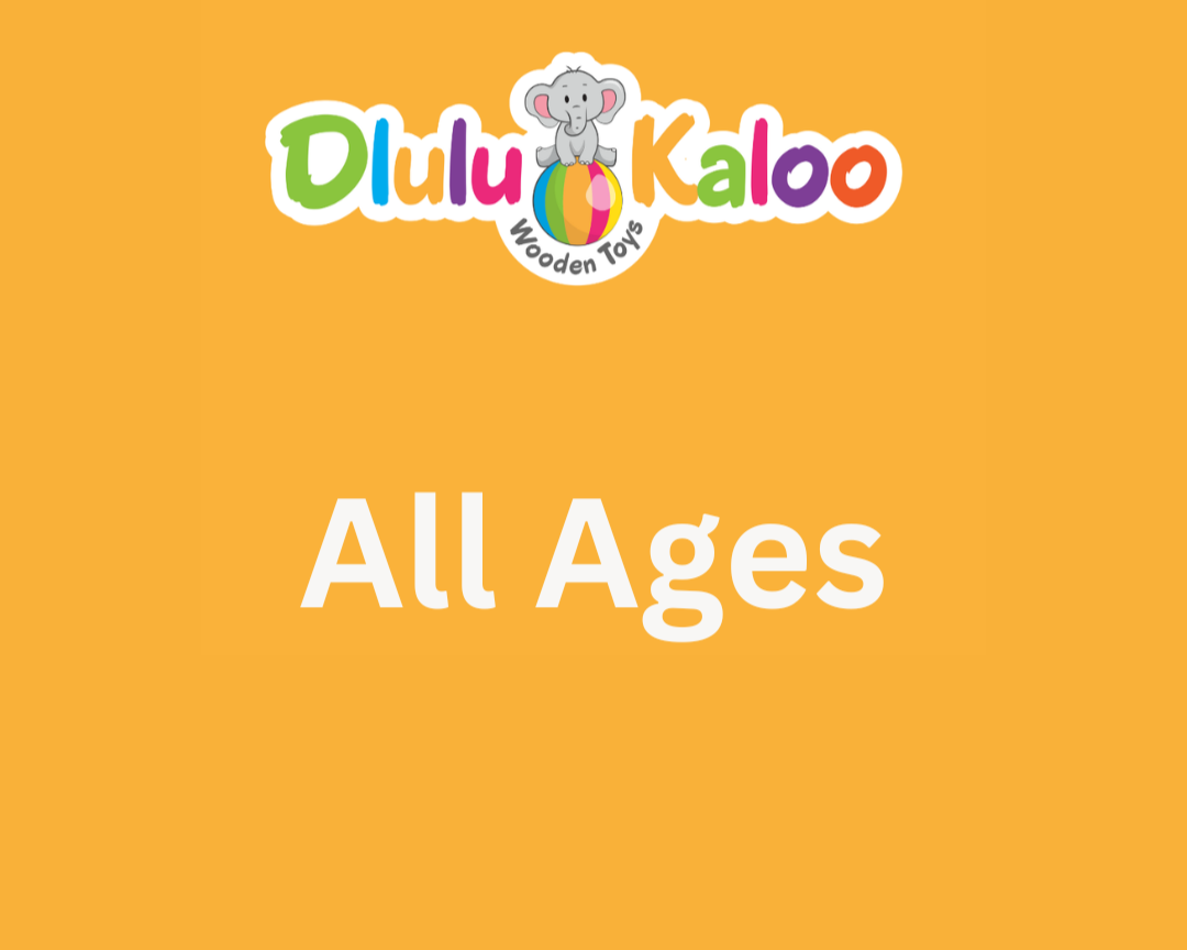 Orange background with colorful logo of a cartoon elephant on a ball at the top that reads 'Dulu Kaloo Wooden Toys'. White text in the center states 'All Ages'.