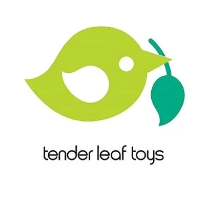 Logo of a green bird with a beak holding a leaf, with the text "tender leaf toys" underneath.